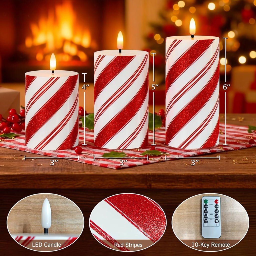 Christmas Glitter Red Stripes LED Flameless Candles, Battery Operated Real Wax Pillar Candles with Remote and Timer for Holiday Table Centerpieces Home Decorations, Set of 3