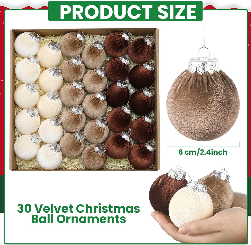 Velvet Christmas Balls Set 30pcs Velvet Christmas Tree Ornaments Shatterproof Xmas Hanging Balls Decorative Hanging for Xmas Holiday Family Home Store Indoor Decor,2.4inch,Neutral,Champagne,Brown