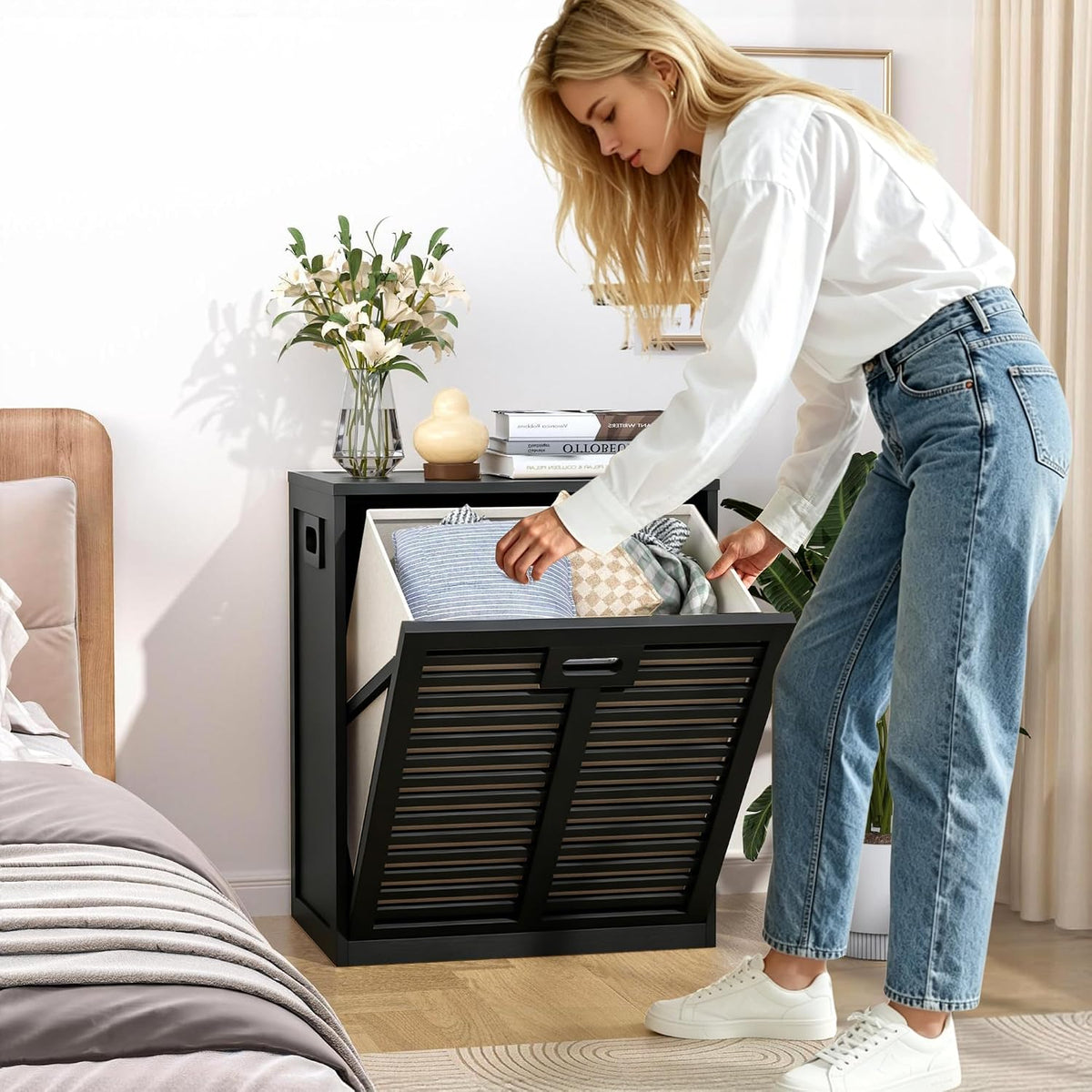 VASMIA Tilt Out Laundry Hamper, Bamboo Laundry Cabinet with Hidden Removable Basket,Dirty Clothes Storage Organizer for Bedroom, Bathroom, Living Room, Black