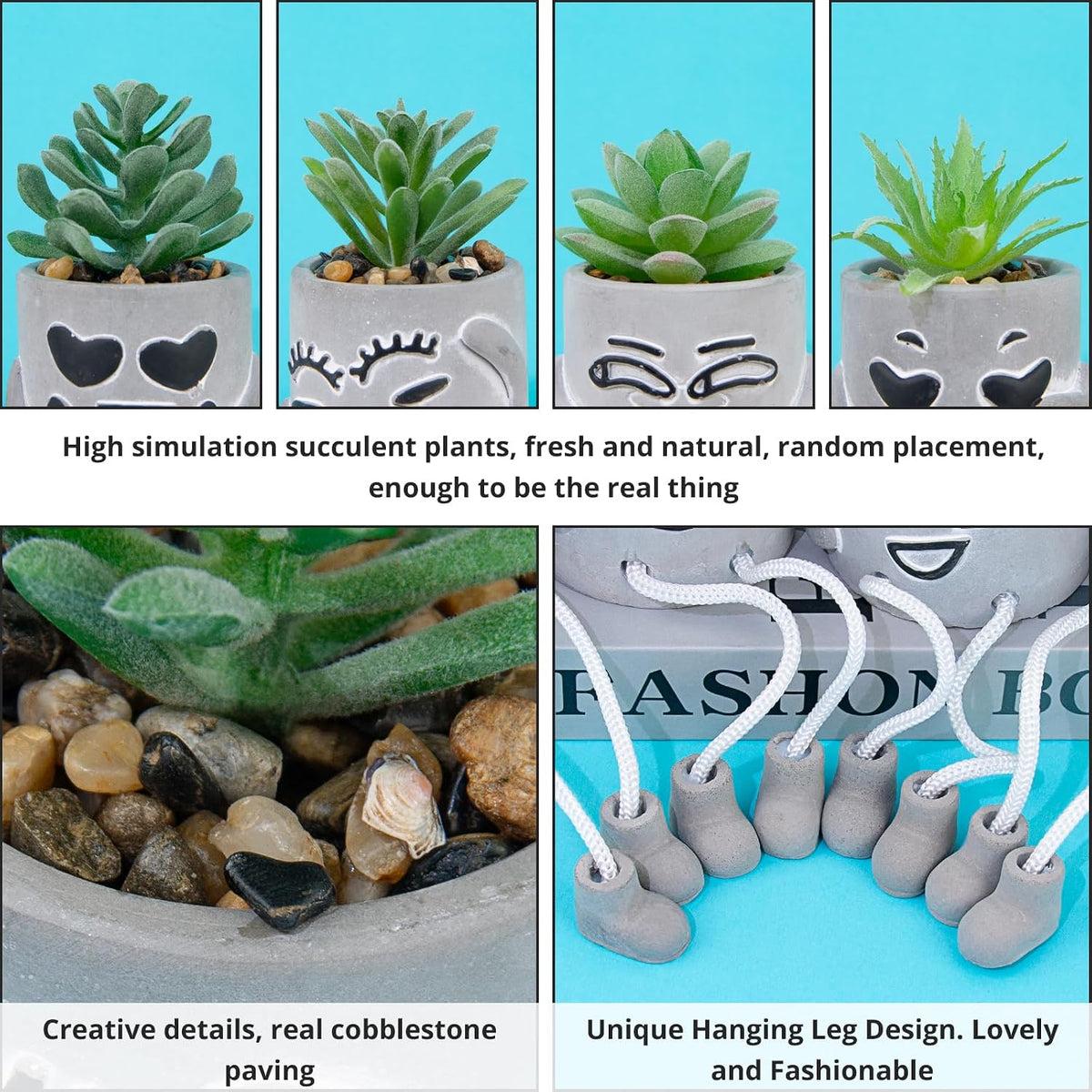 4 Pack Artificial potted Succulent Plants with Hanging Legs, Fake Mini Succulents in Pots, Faux Small Plants for Office Desk, Kitchen, Bathroom, Home Shelf Decor, Funny Office & Home Decor Accents