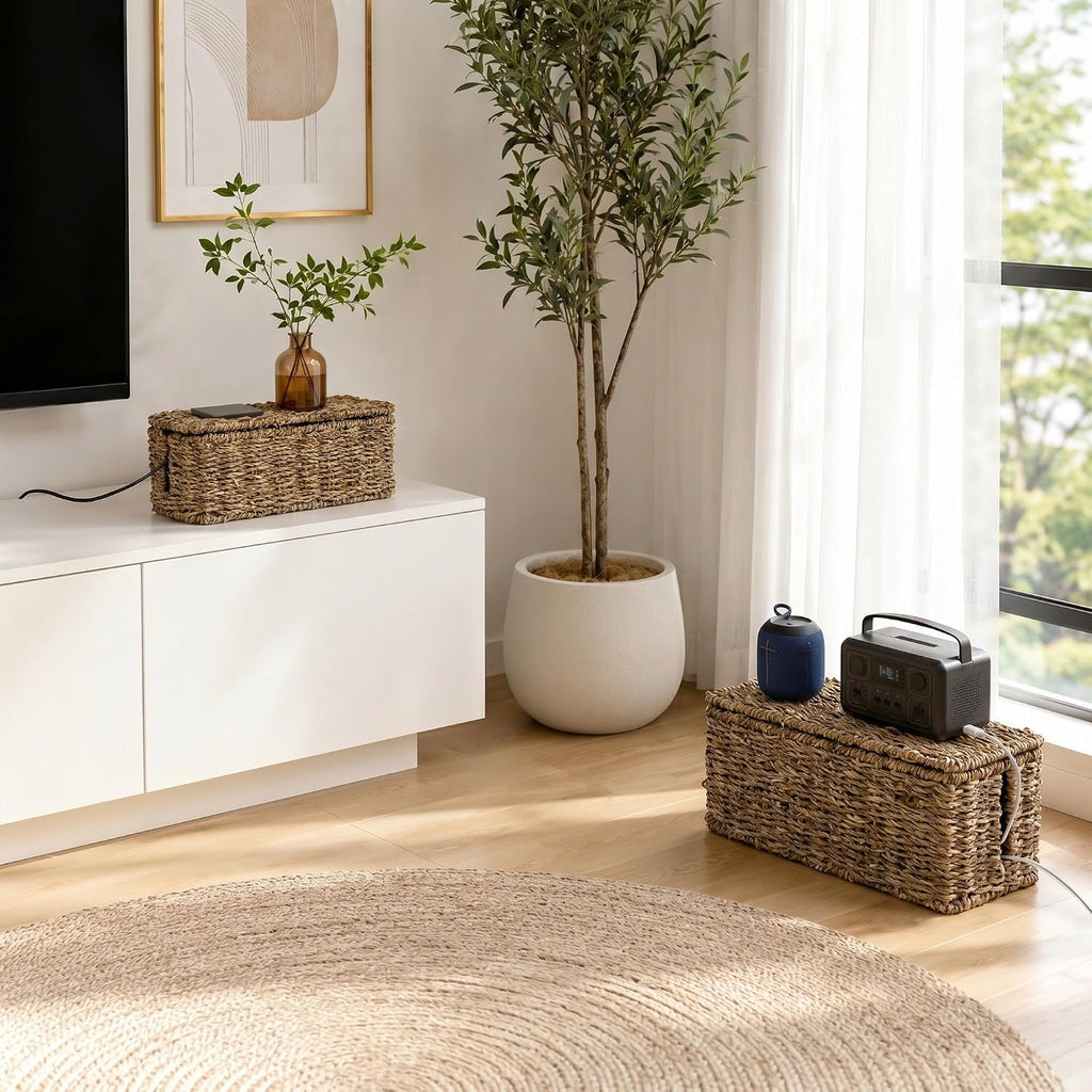 2 Pack Handwoven Cable Management Box with Lid, Decorative Cord Organizer for Power Strips, Chargers, TV Wires, Desk, Home & Office Storage, Natural Sea Grass