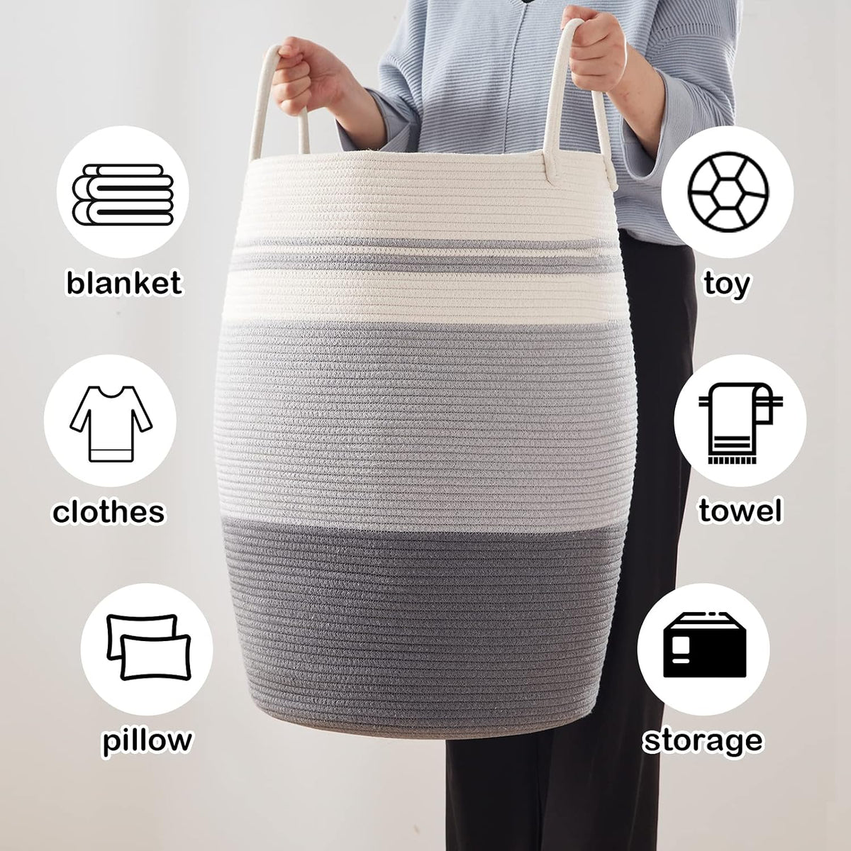 OIAHOMY 105L Laundry Hamper Cotton Rope Large Clothes Hamper Dark Grey
