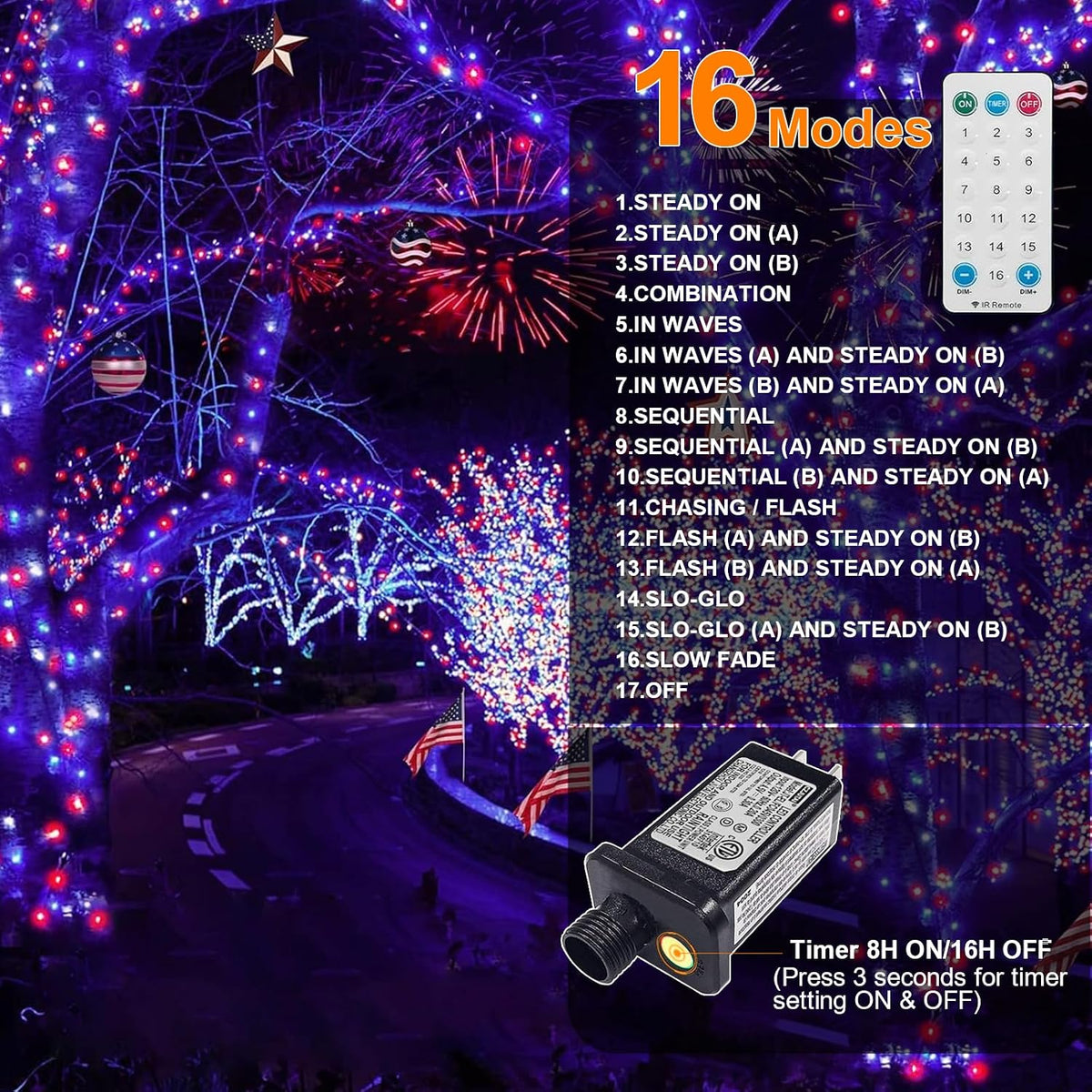 LAMPHOME Red White Blue Patriotic Fairy Lights Plug in, 33Ft 100 LEDs Waterproof Twinkle Firefly Lights, Adaptor Included Starry String Light for Independence Day Patriotic Holidays Decoration