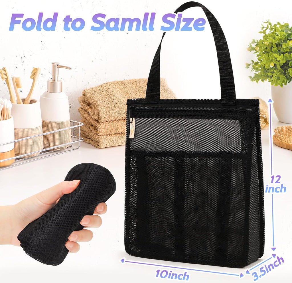 famichan Portable Mesh Shower Caddy, Gym Travel Camp Dorm Room Essentials for College Student Boy Girl, Bathroom Shower Bag - Black