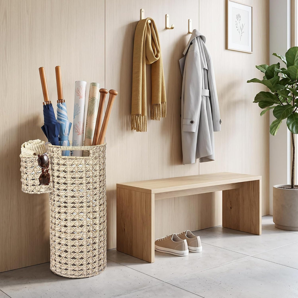 Wicker Umbrella Stand for Entryway, Handwoven PE Rattan with Side Basket
