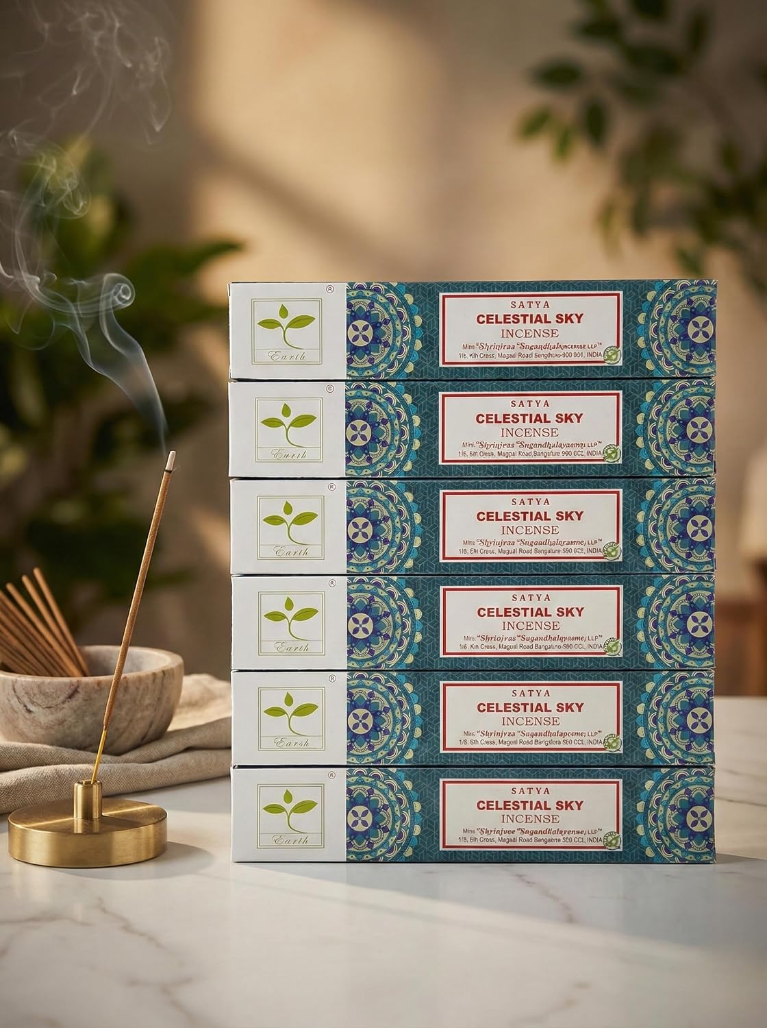 Earth Satya Celestial Sky Perfumed Incense Sticks 15g (Pack of 6) Hand Rolled Natural Incense for Meditation Relaxation and Home Fragrance