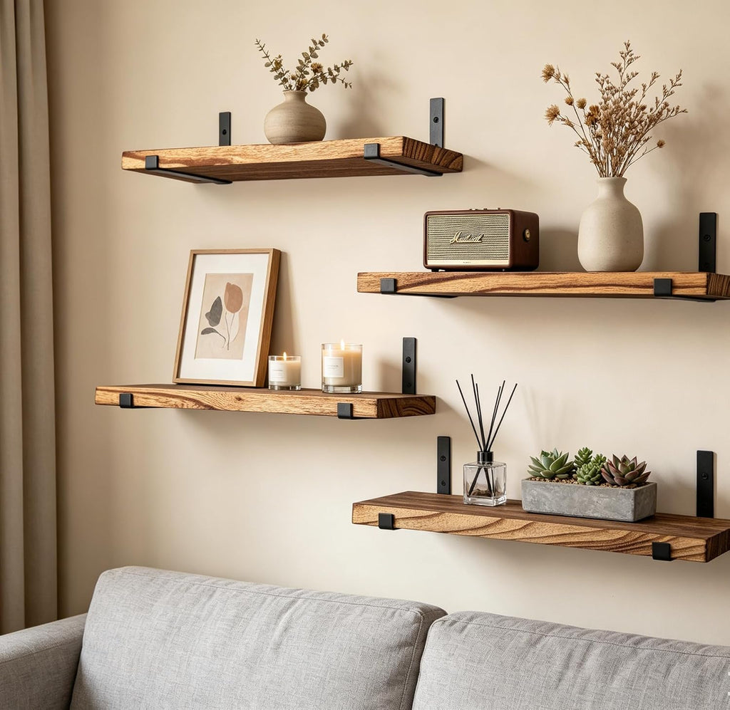 Rustic Wood Floating Shelves Farmhouse Wooden Wall Shelves for Bathroom Bedroom Living Room Kitchen Office Set of 4 Light Brown 17 Inch