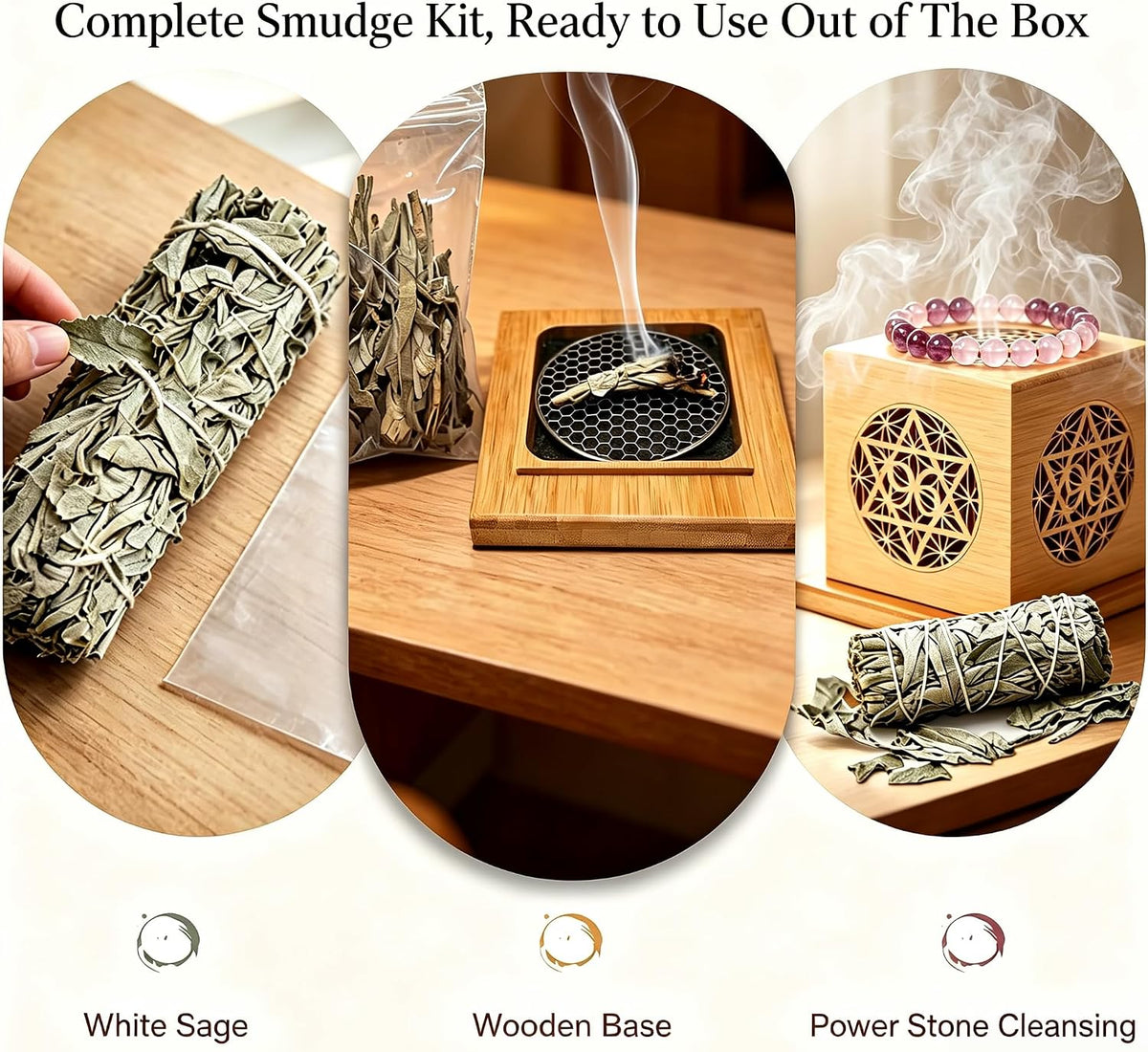 Complete Smudge Kit, Bamboo Smudge Box with Sacred Geometry, Heat Resistant Liner & Ash Catcher, Zen Home Decor Incense Holder for Meditation, Ideal Housewarming Spiritual Gift