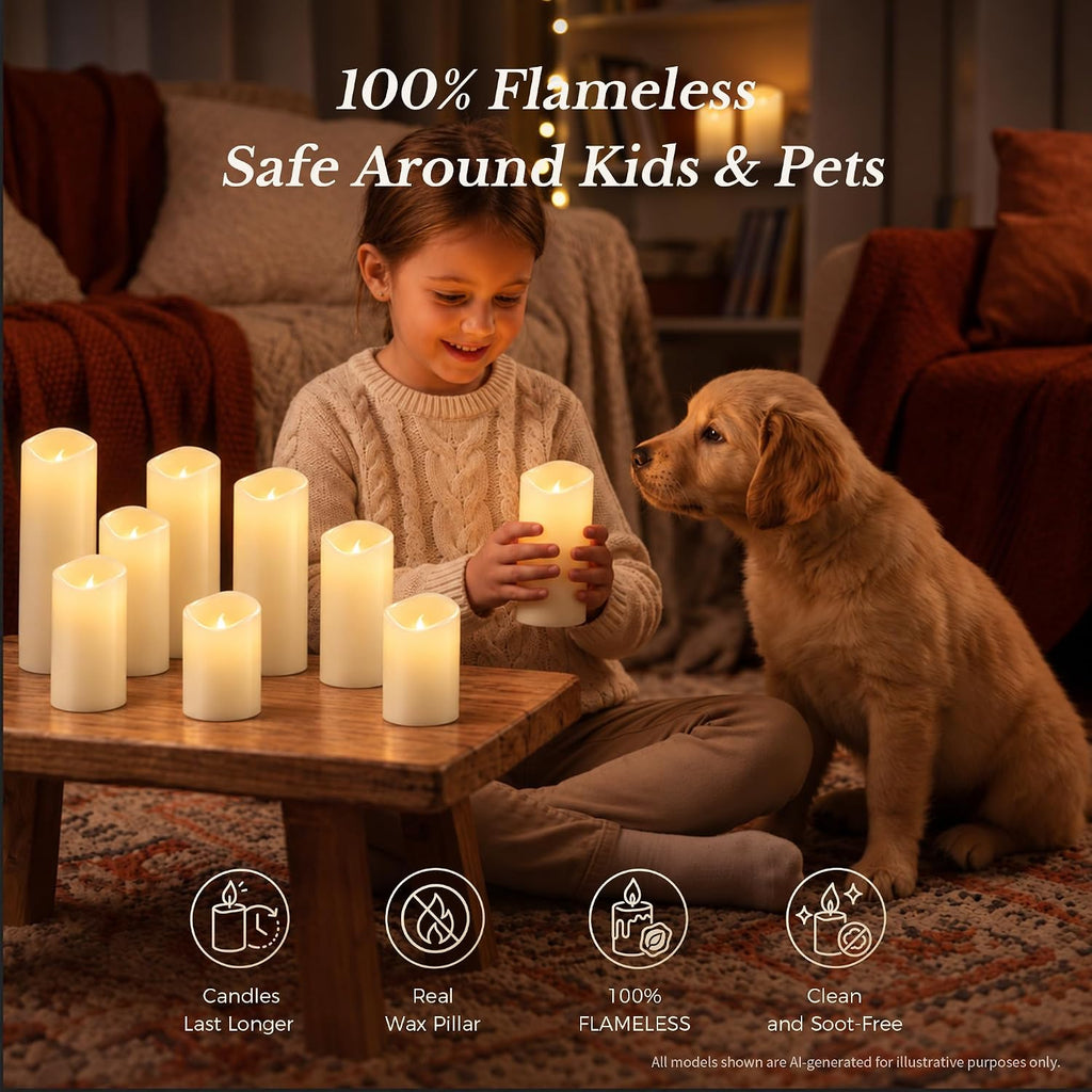 Goodluck Real Paraffin Wax Flameless Pillar Candles, Set of 9 - Ivory