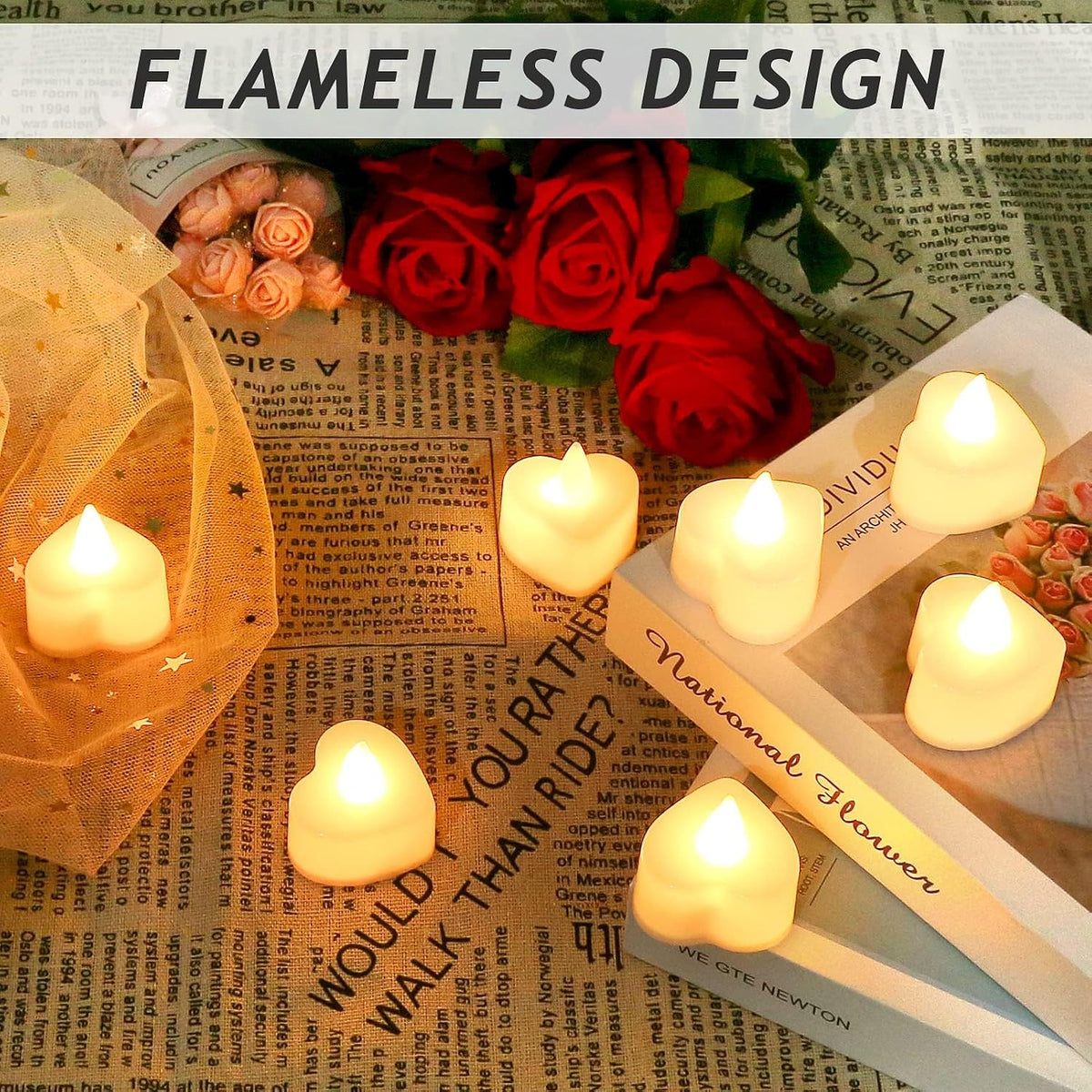 1000Pcs Red Rose Petals with 24 LED Heart Fake Rose Petals and Candles Set