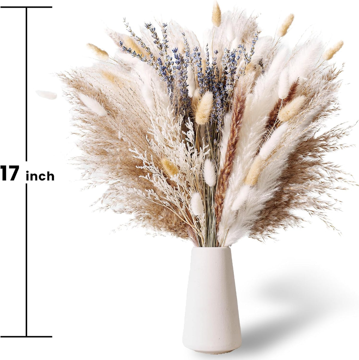Dried Pampas Grass Bouquet – Floral Decor for Home, Wedding, Mantel & Table Centerpiece – Beige & White Pampas, Bunny Tail Dried Flowers, Lavender – Boho Chic, Rustic Farmhouse & Aesthetic Room Decor