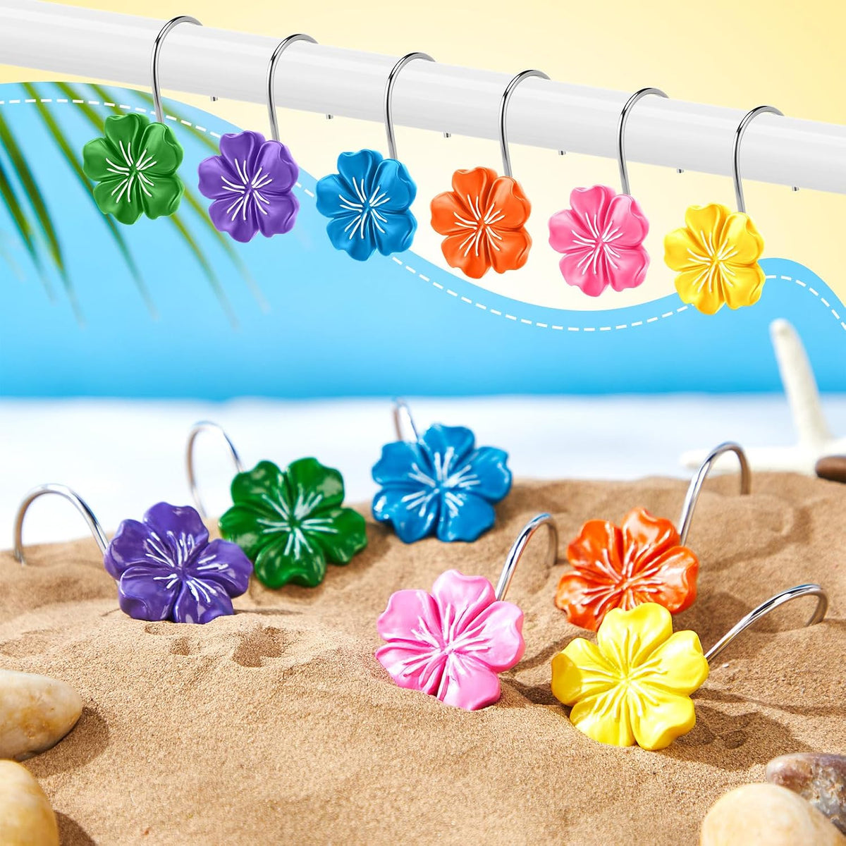 Yungyan 12 Pcs Summer Hawaiian Hibiscus Flower Shower Curtain Hooks Plumeria Flower Shower Hangers Luau Hawaii Curtain Hooks Tropical Decorative Ring for Summer Wedding Bedroom Bathroom Restroom Decor