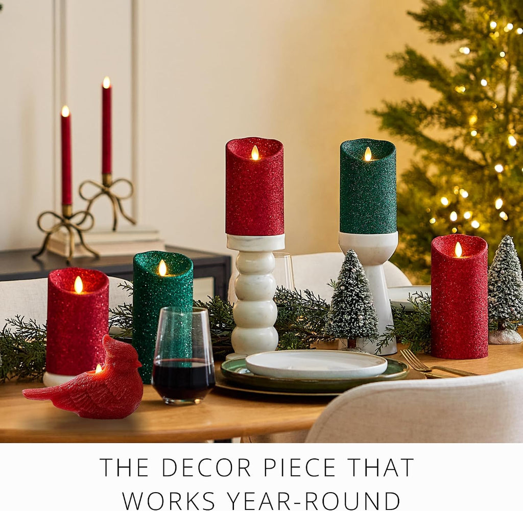 Luminara - Flameless Flickering Moving Flame Battery Operated Unscented Candle LED Décor & Gift- Winter Holiday & Christmas Figural Friends Collection - Red Glitter Cardinal Bird, 7” L x 3.3” W x 4.8” H)