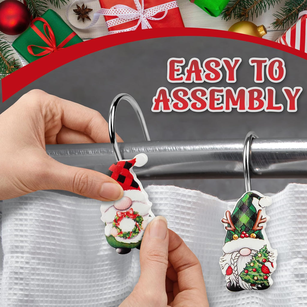 12 Pack Christmas Gnome Shower Curtain Hooks, Rustproof Decorative Rings