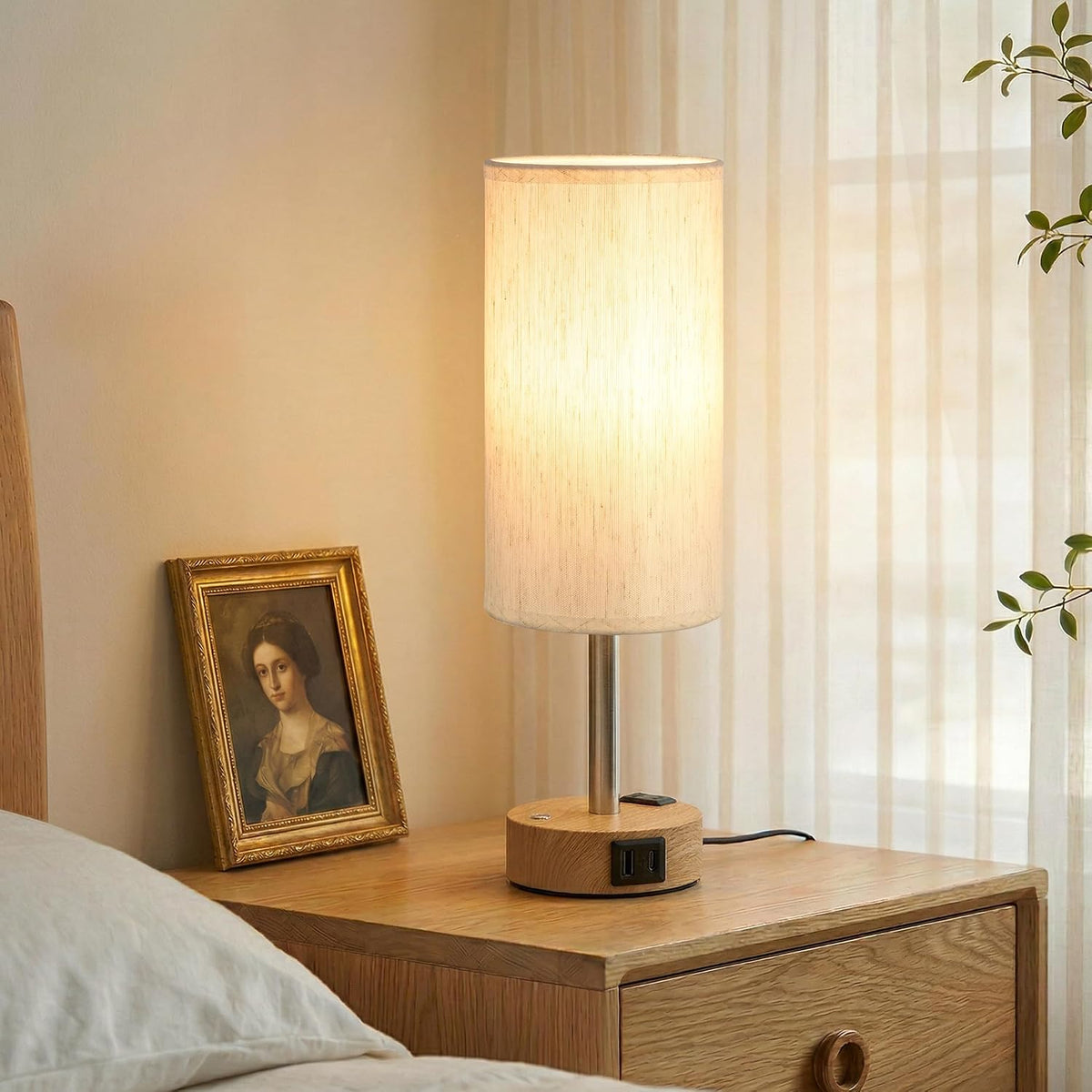 Touch Bedside Table Lamp for Bedroom, Stepless Dimmable, USB A+C, AC Outlet