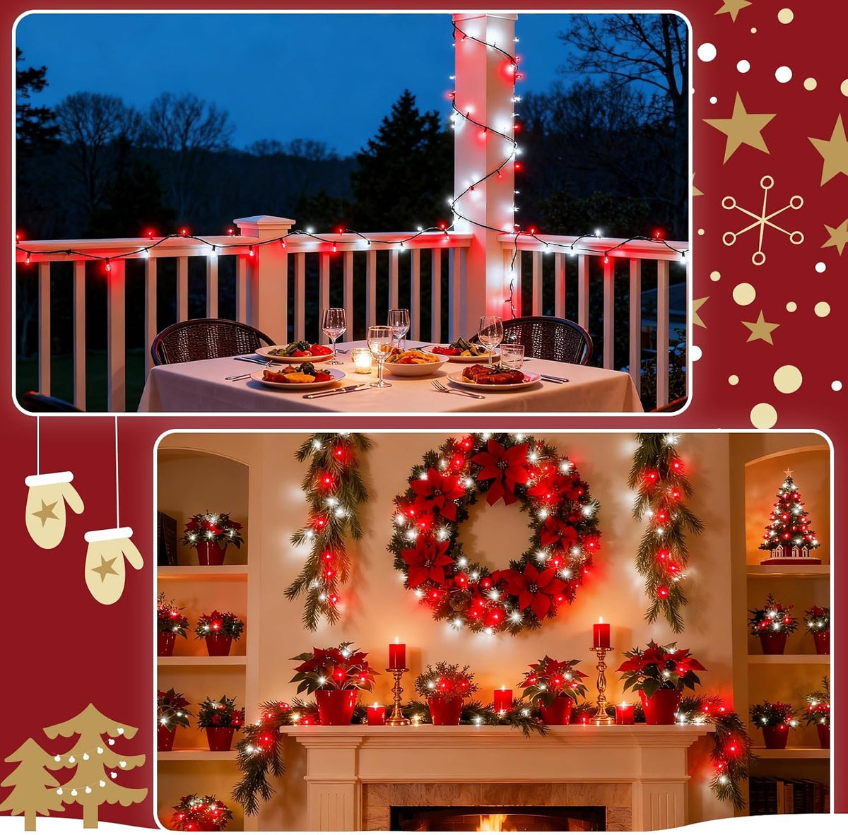 cshare Red and White Christmas Lights Battery Operated Outdoor Waterproof, Christmas String Lights with Timer 16.4ft 50LED Christmas Decorations Garland Party Garden 2 Packs