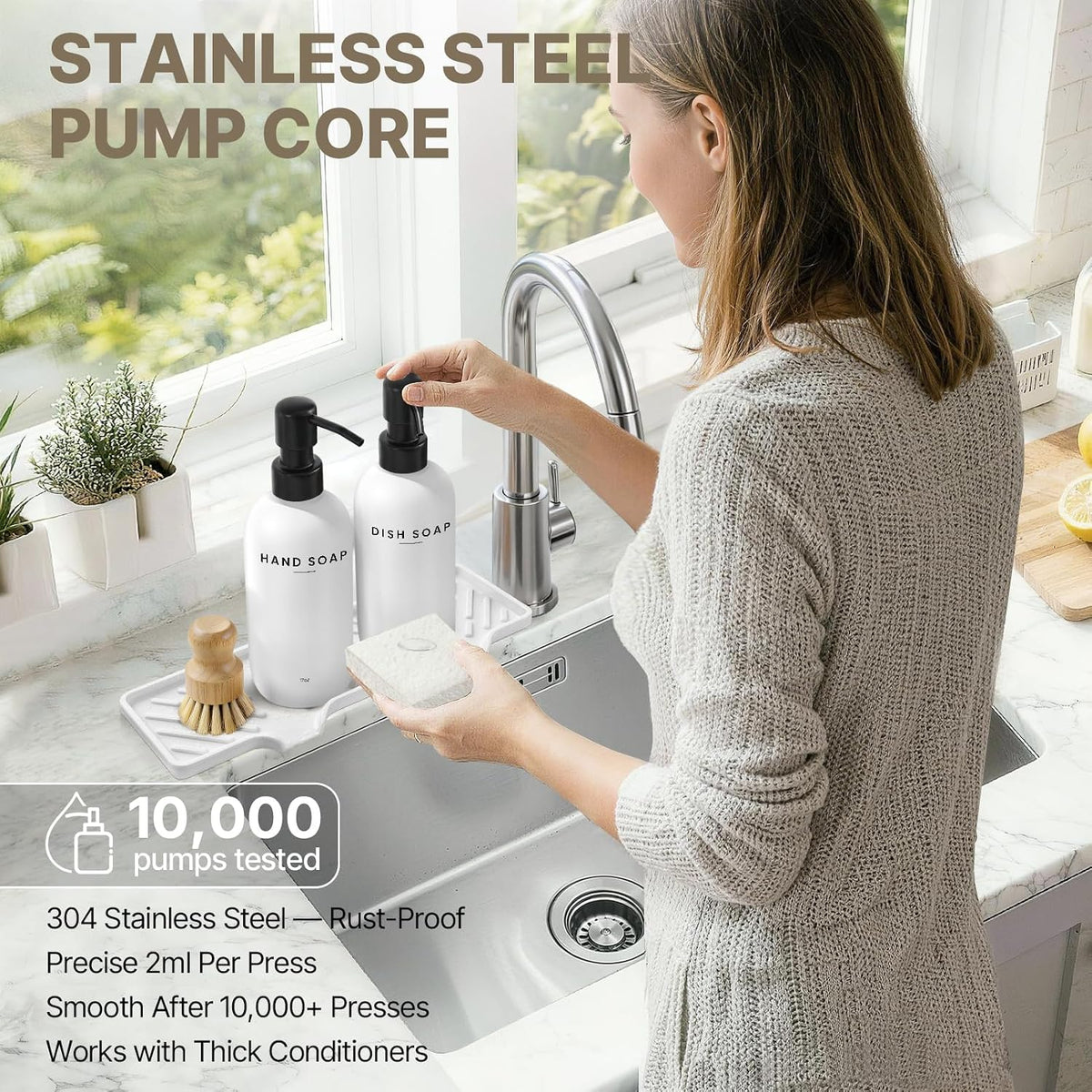 Kitchen Soap Dispenser Set with Self Draining Silicone Tray, Sponge, Brush
