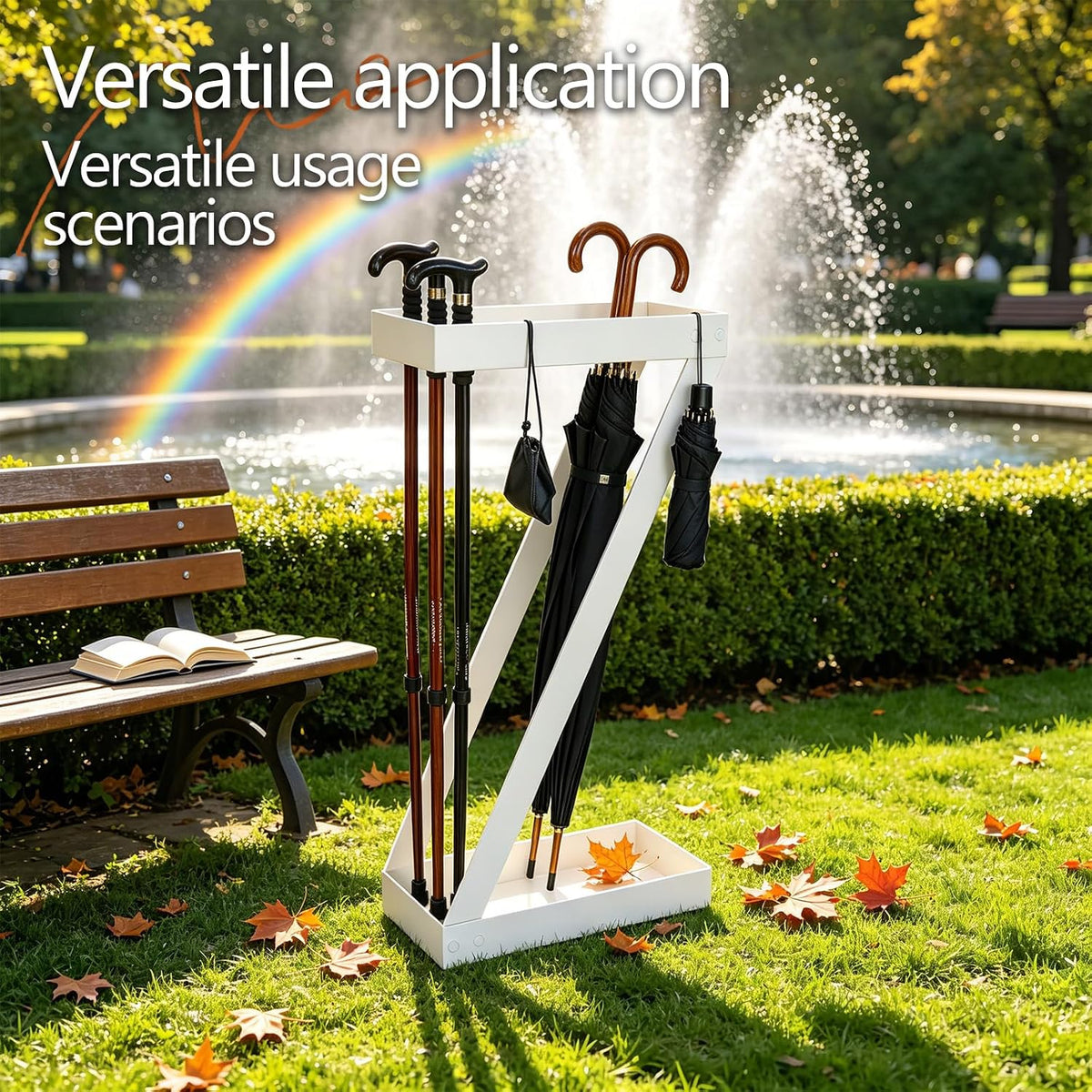 Umbrella Holder for Entryway, White Indoor Umbrella Stand with Hooks,Metal Umbrella Storage Rack Ideal for Home Office Hotel Lobby