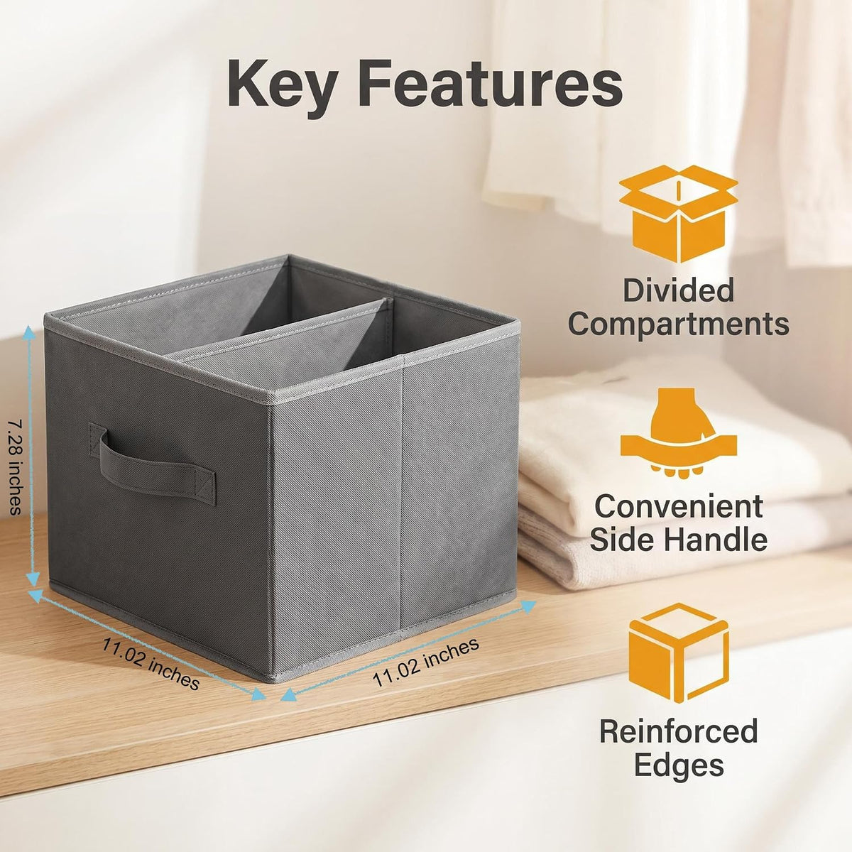 Collapsible Fabric Storage Drawer 11"x11"x7" - Foldable Closet Drawer for Hanging Closet Organizer, Shelf Drawer for Clothes, Underwear, Socks, Grey