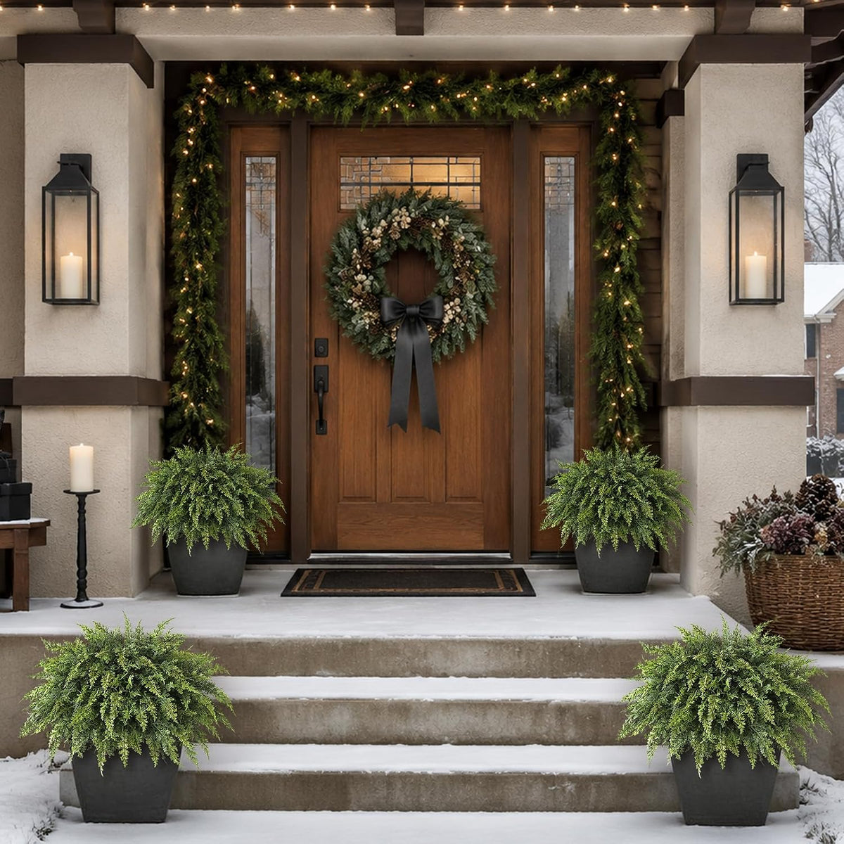 2Pcs Artificial Cedar Potted Plant Christmas Greenery for Front Porch Decor