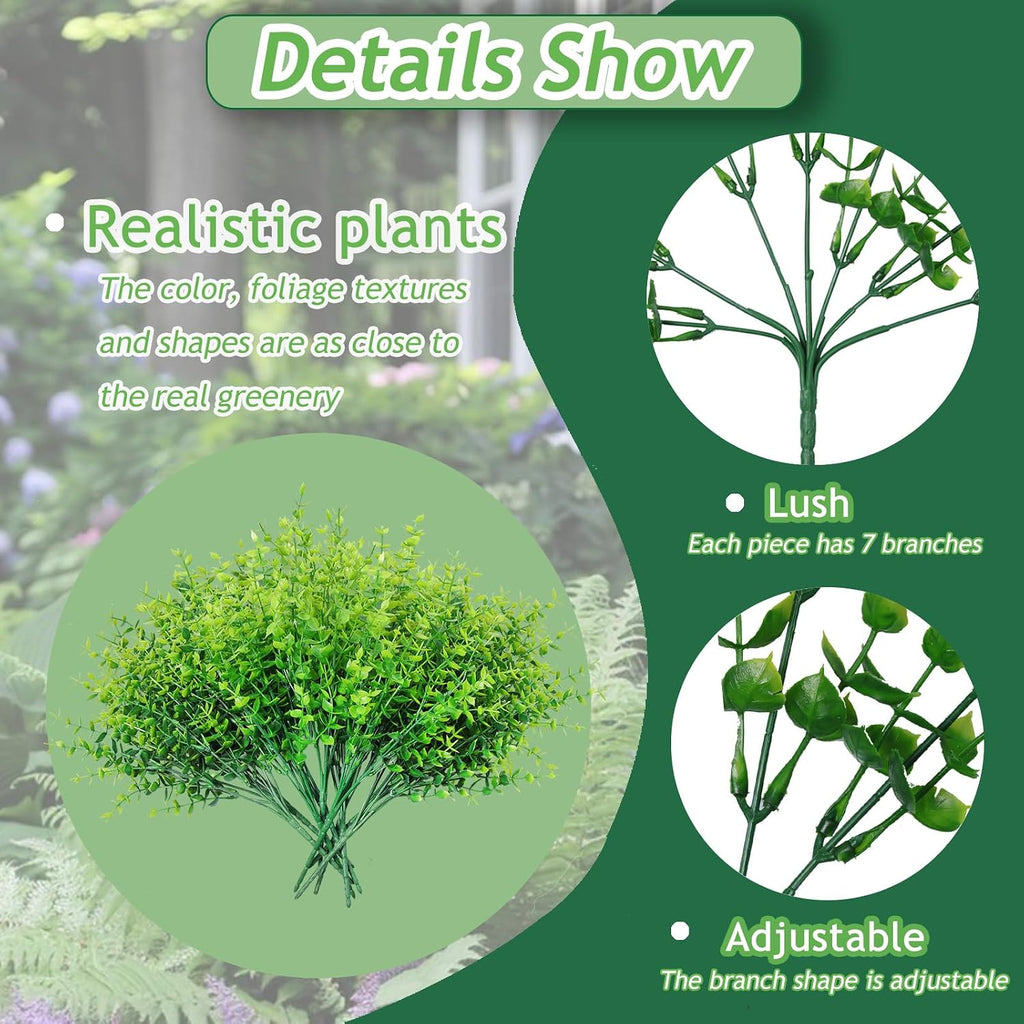 Grever 10 Bundles Artificial Greenery Boxwood Fake Plants UV Resistant Plastic Stems Faux Eucalyptus Foliage for Indoor Outdoor Decor Home Kitchen Office Table Window Garden Porch Farmhouse