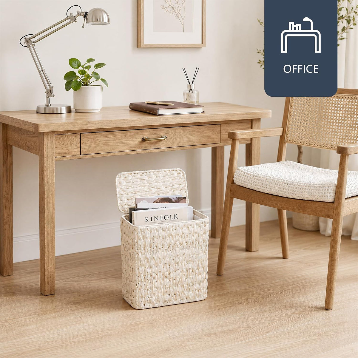 Wicker Trash Can with Lid & Liner, Small Bathroom Waste Basket, Cream White