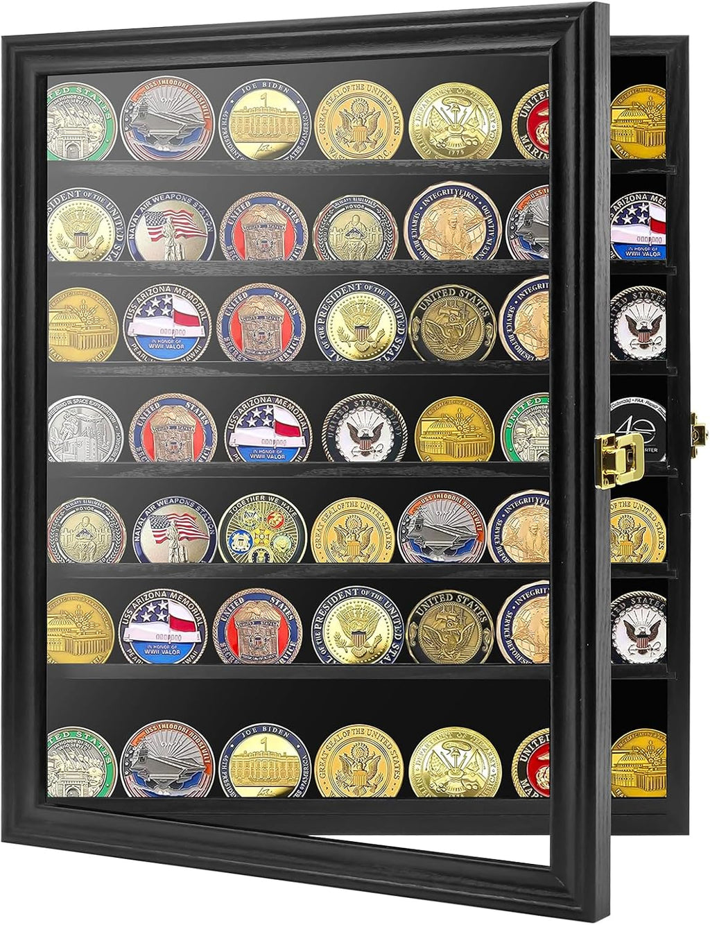 Challenge Coin Display Case, 7 Rows Lockable Military Coin Display Cabinet with UV Acrylic Door, Removable Shelves & Felt Background, Large Shadow Box