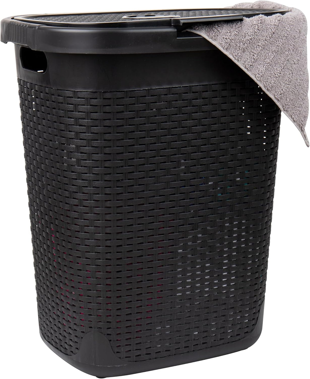 Mind Reader Slim Laundry Hamper with Lid, 50L Clothes Basket, Premium Wicker Design, Plastic, Black