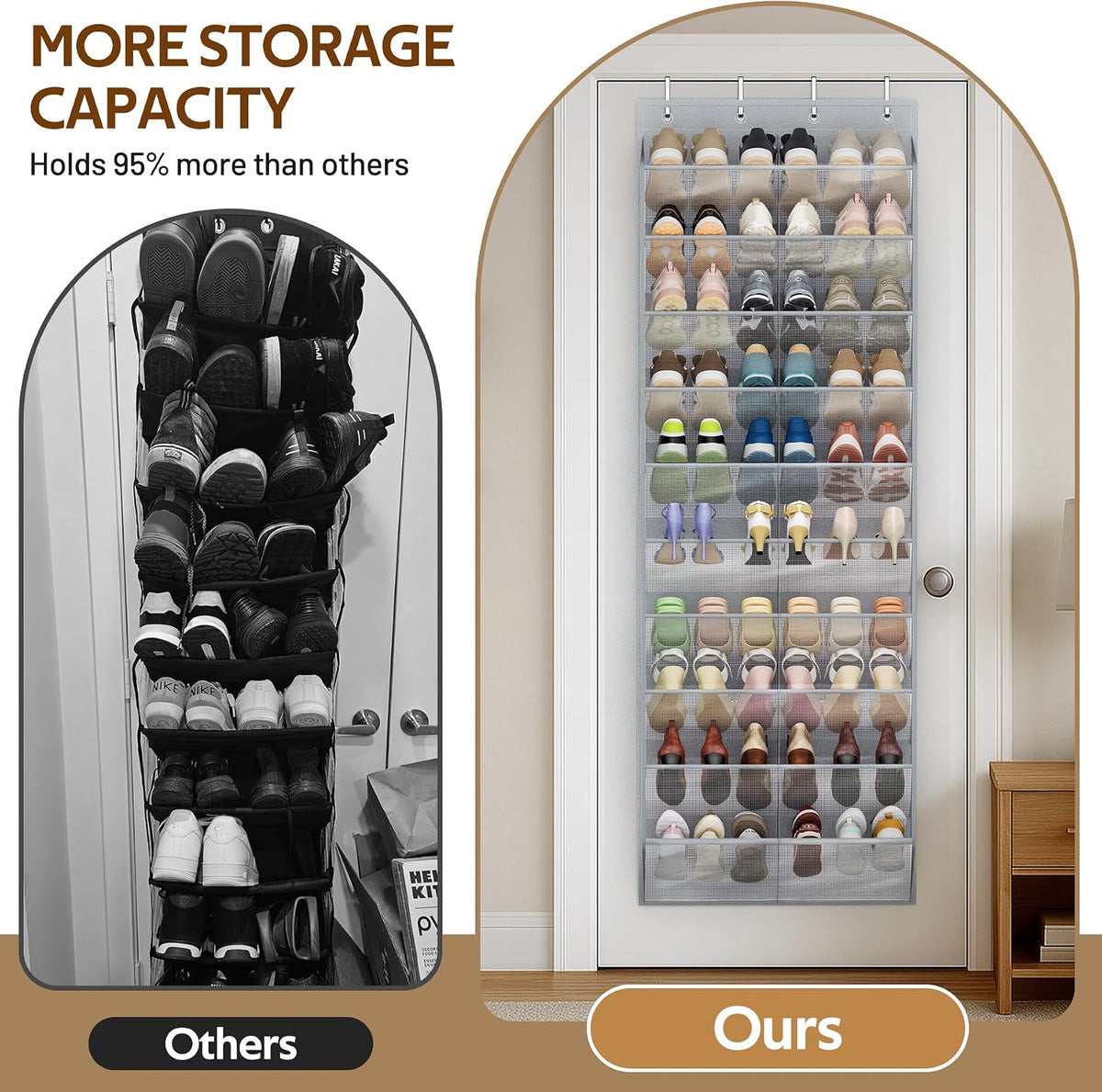 MISSLO 30 Pairs Over the Door Shoe Organizer Breathable Mesh Hanging Shoe Rack for Closet Storage with Wide Deep Pockets 10 Tier Shoes Holder Fit All the Family's Sneakers, Boots, Heels (Grey, 71")