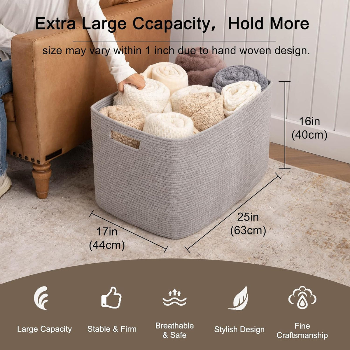 OIAHOMY 118L XXXLarge Rope Storage Basket, Oversized Blanket Basket Grey
