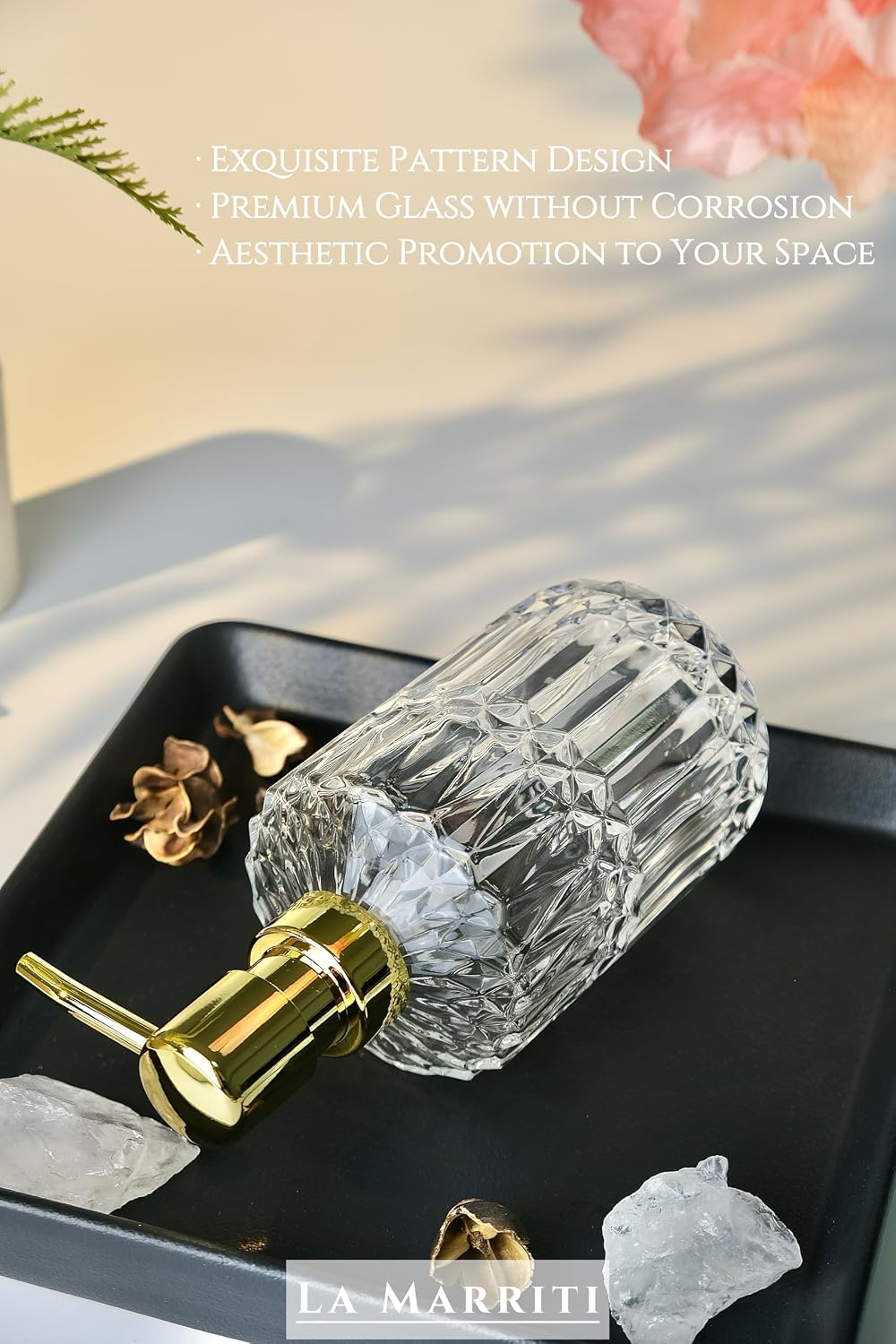 LaMarriti Glass Soap Dispenser with Rust Proof Pump, 13.5 Oz Clear Refillable Hand Lotion Dispenser for Bathroom Countertop and Kitchen, Crystal Vintage Bathroom Accessories, Bathroom Decor