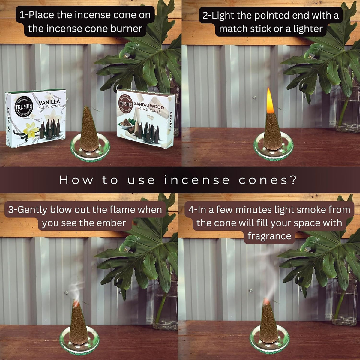TRUMIRI Incense Cones - Combo Pack of 20 Cone Incense - 10 Vanilla + 10 Sandalwood - Insence Cones - Incense Cones Scented - Cone Incense Scents - Insense Cones - Incent Cone