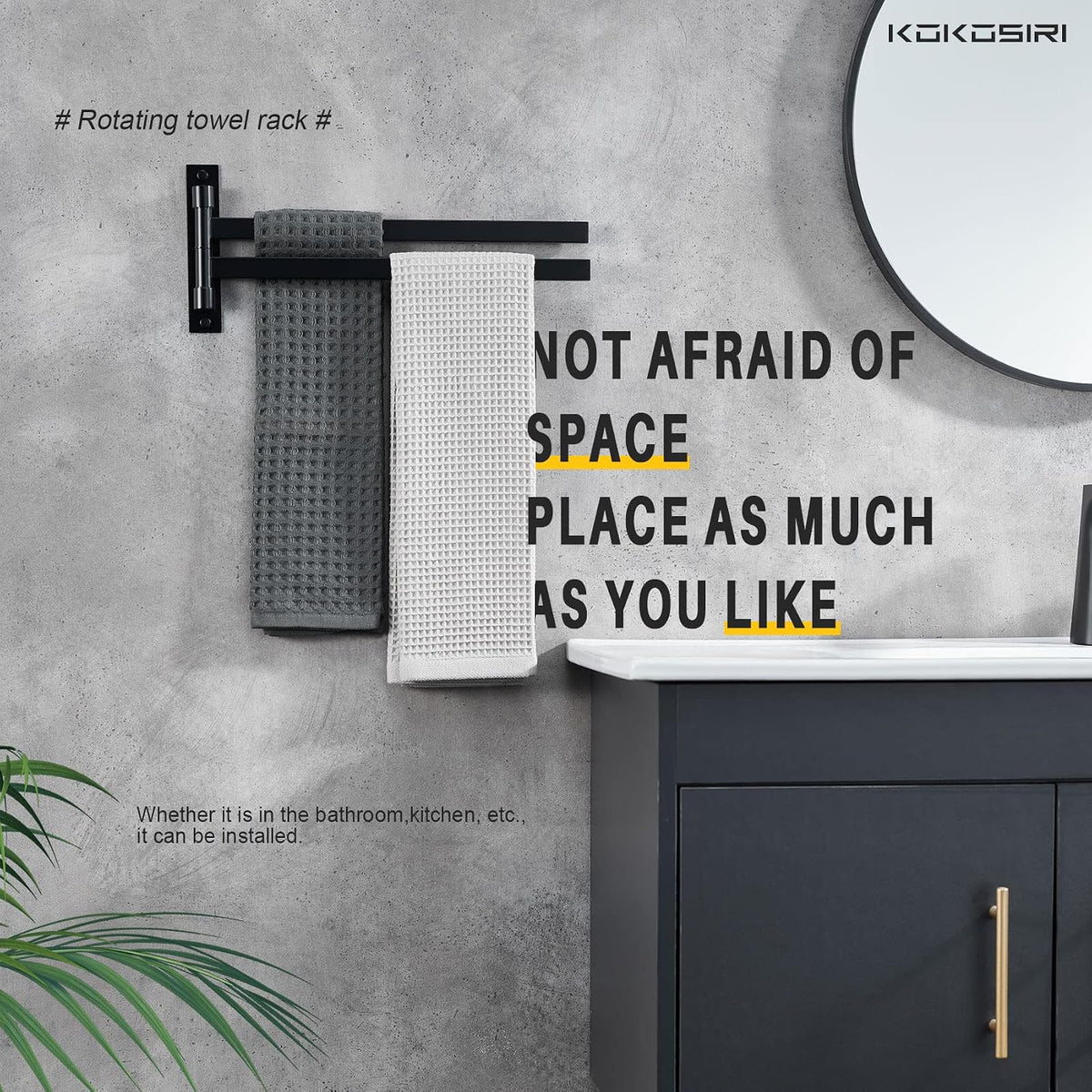KOKOSIRI Bathroom Towel Bars Swivel Towel Rails Matte Black Swing Out Hand Towel Holder 2-Arm for Bath Kitchen Wall Stainless Steel B5007BK-A2