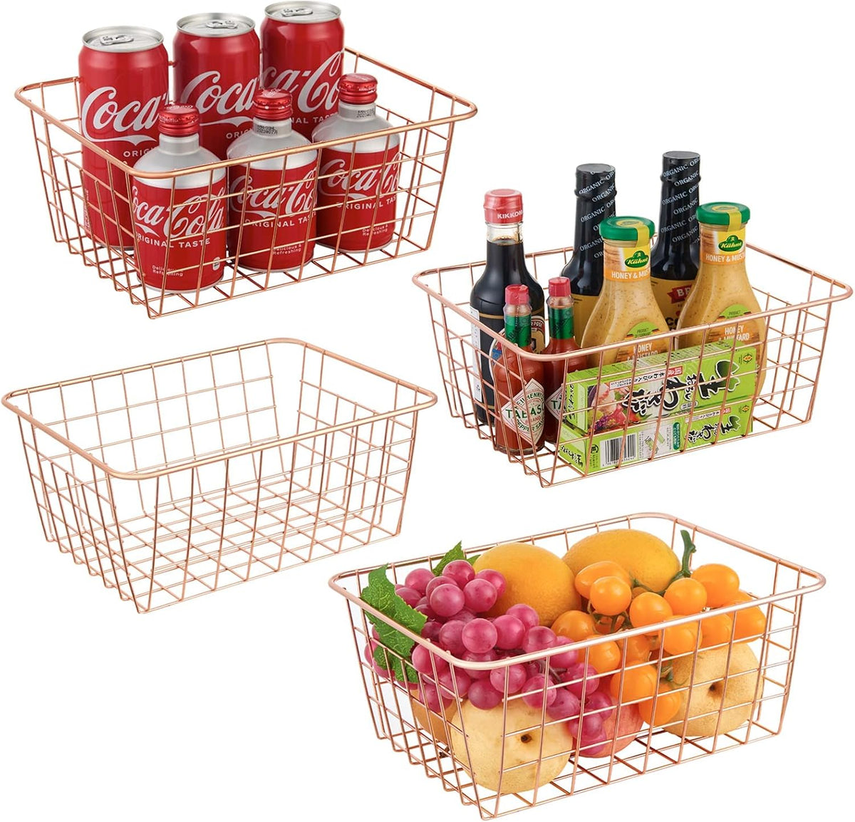 JUNCHU CHERRY Wire Kitchen Storage Basket 4 Packs,Perfect Pantry Organization Accessories Baskets,Laundry Basket,Countertop Organization,Suitable for Kitchen,Bathroom,Bedroom,Tabletop,Rose gold