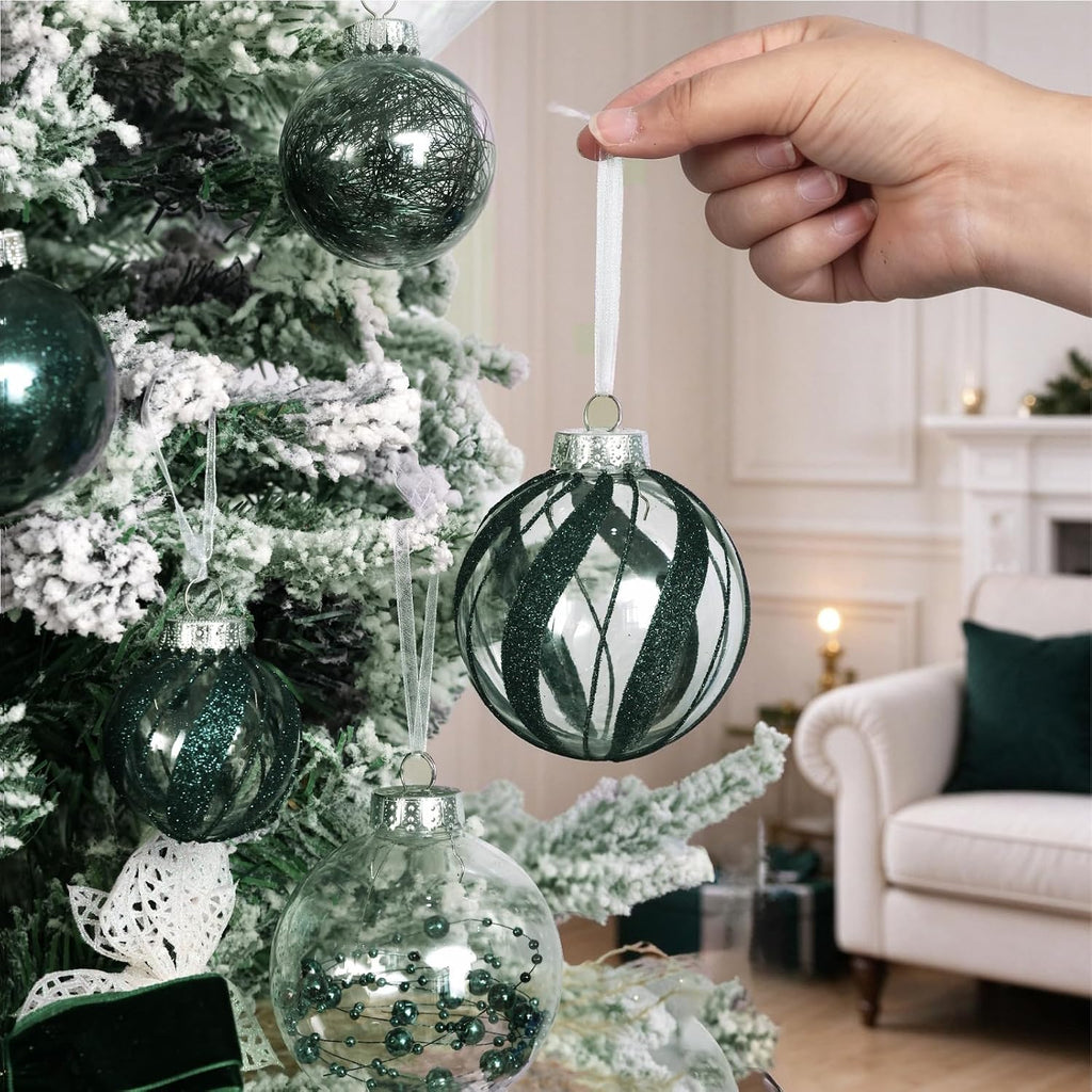 Shatterproof Christmas Ball Ornaments,Clear Plastic Decorative Christmas Balls Hanging Xmas Tree Baubles Set with Stuffed Delicate Glittering Decorations… (Dark Green)