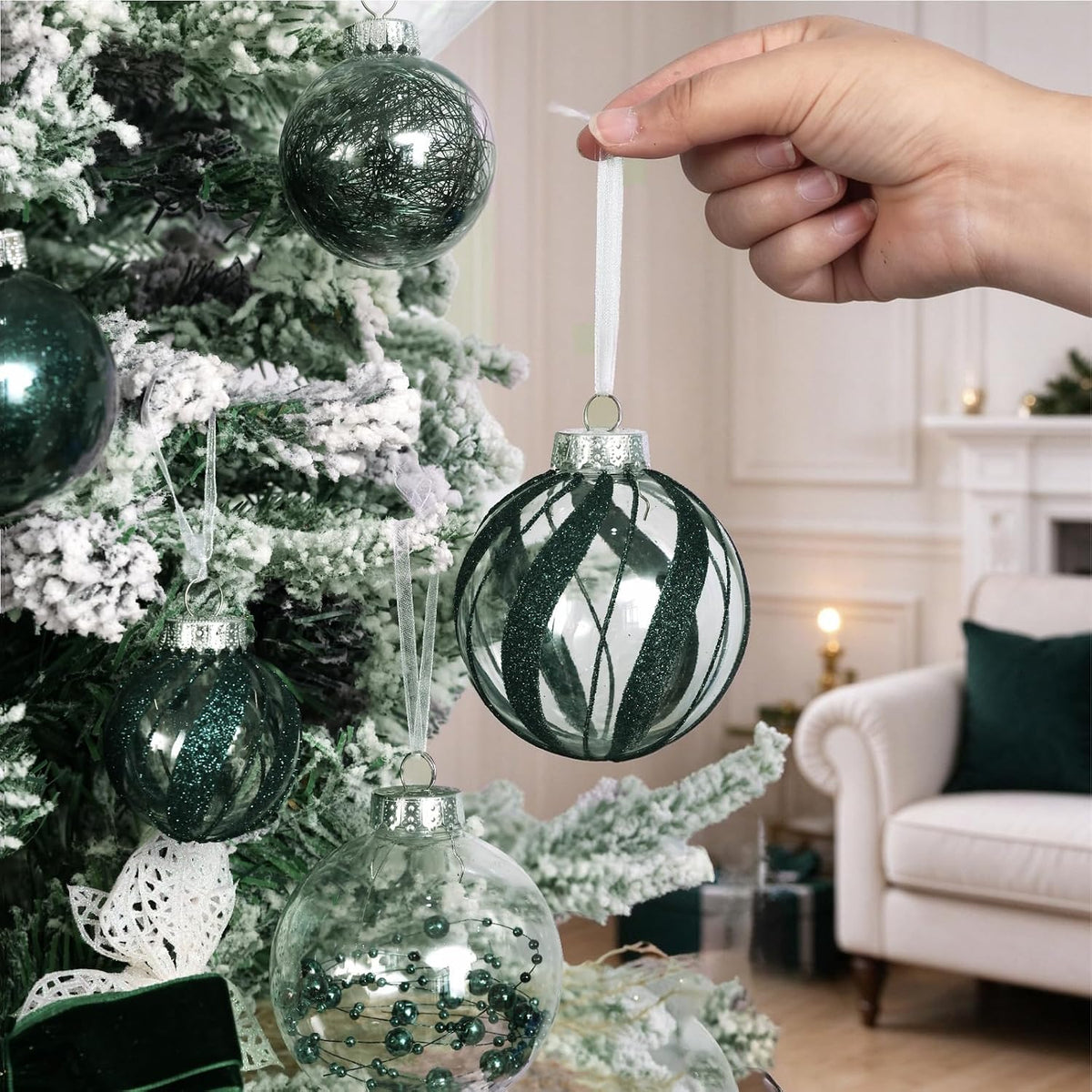 Shatterproof Christmas Ball Ornaments,Clear Plastic Decorative Christmas Balls Hanging Xmas Tree Baubles Set with Stuffed Delicate Glittering Decorations… (Dark Green)