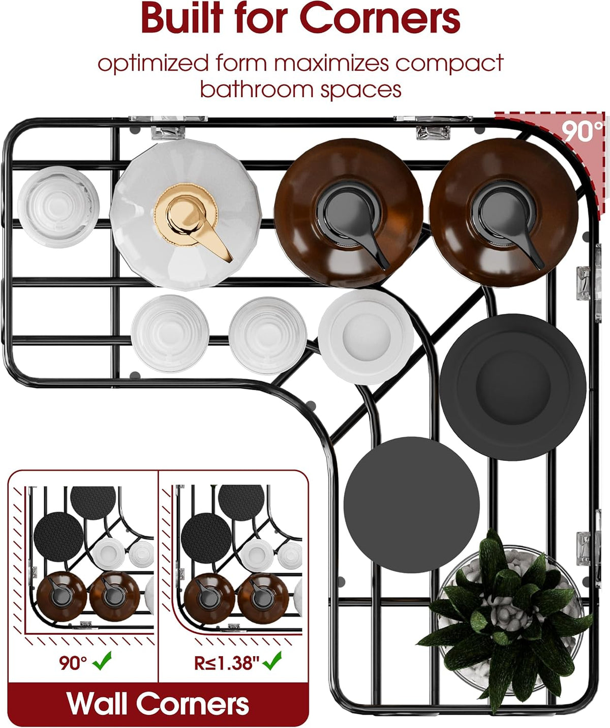 Sakugi Corner Shower Caddy, Large, 3-Pack, Soap Holder & Hooks, Black