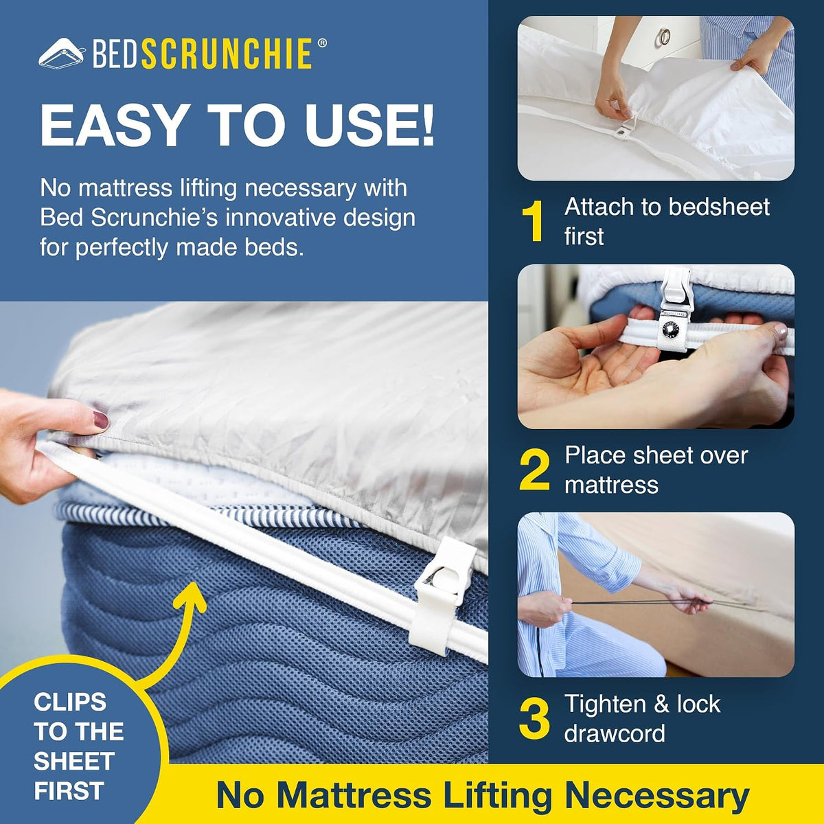 BED SCRUNCHIE Sheet Holder Straps (2 Pack) - Heavy Duty Gripper Clips - Strengthened Parachute Cord - 360 Degree Bed Sheet Tightener - Strongest and Effective Extender - Fits All Mattress Sizes