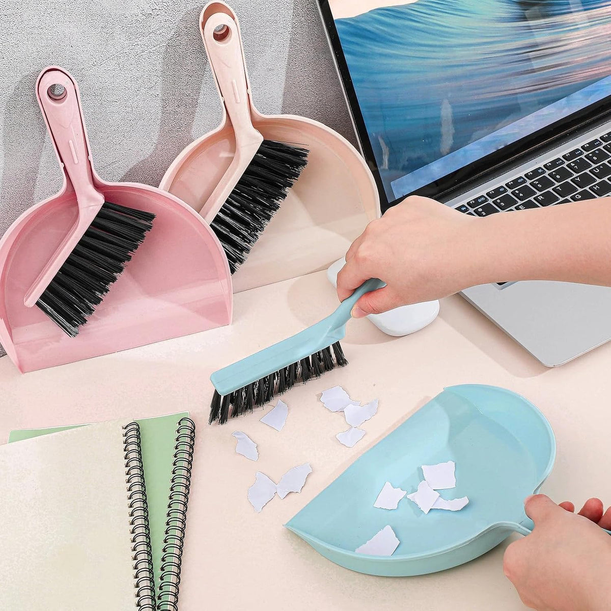 Sliner 18 Pack Mini Dustpan Brush Set Small Broom Set Bulk,Blue, Pink,Beige