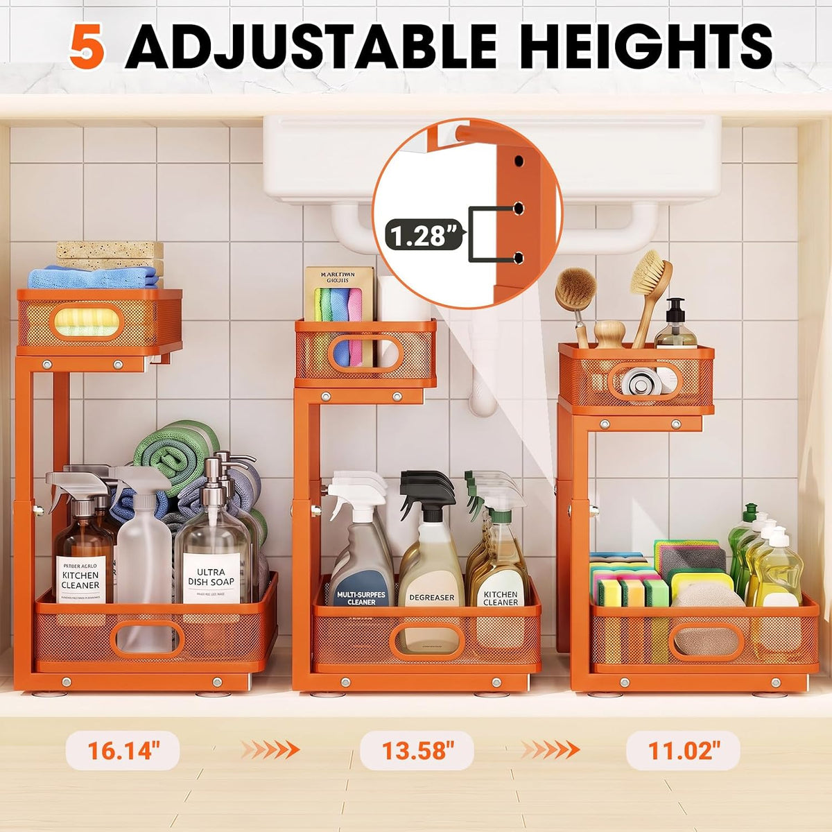 Under Sink Organizer 4-Pack, Metal 2-Tier Pull-Out Cabinet Shelf with Slide-Out Mesh Drawers, Height Adjustable, Space-Saving Under Sink Storage Racks for Kitchen, Bathroom, Laundry Room, Orange