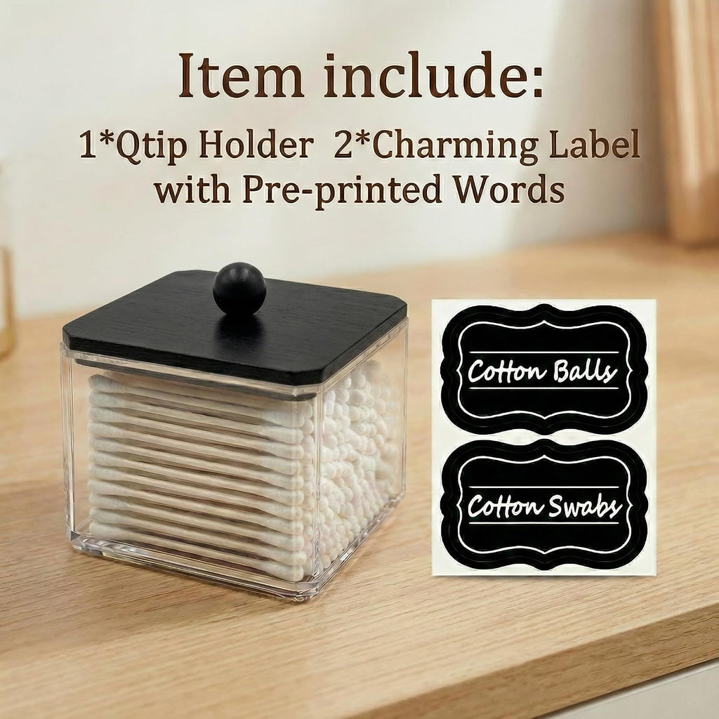 SheeChung 1 Pack Square Acrylic Qtip Holder with Black Wood Lid