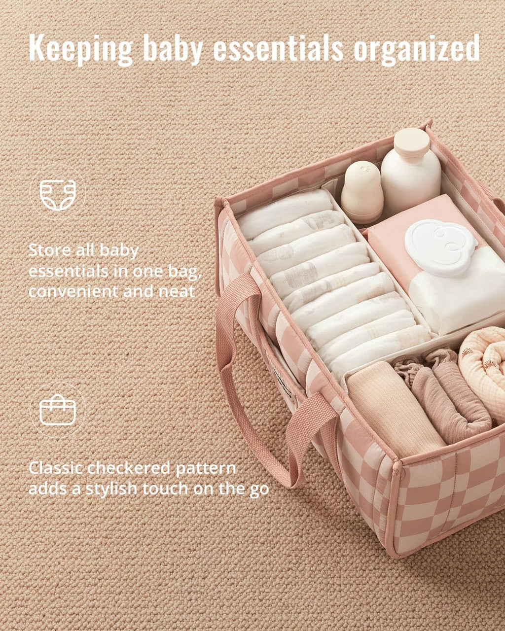Blissful Diary Checkered Diaper Caddy Organizer, Storage Basket, Pink