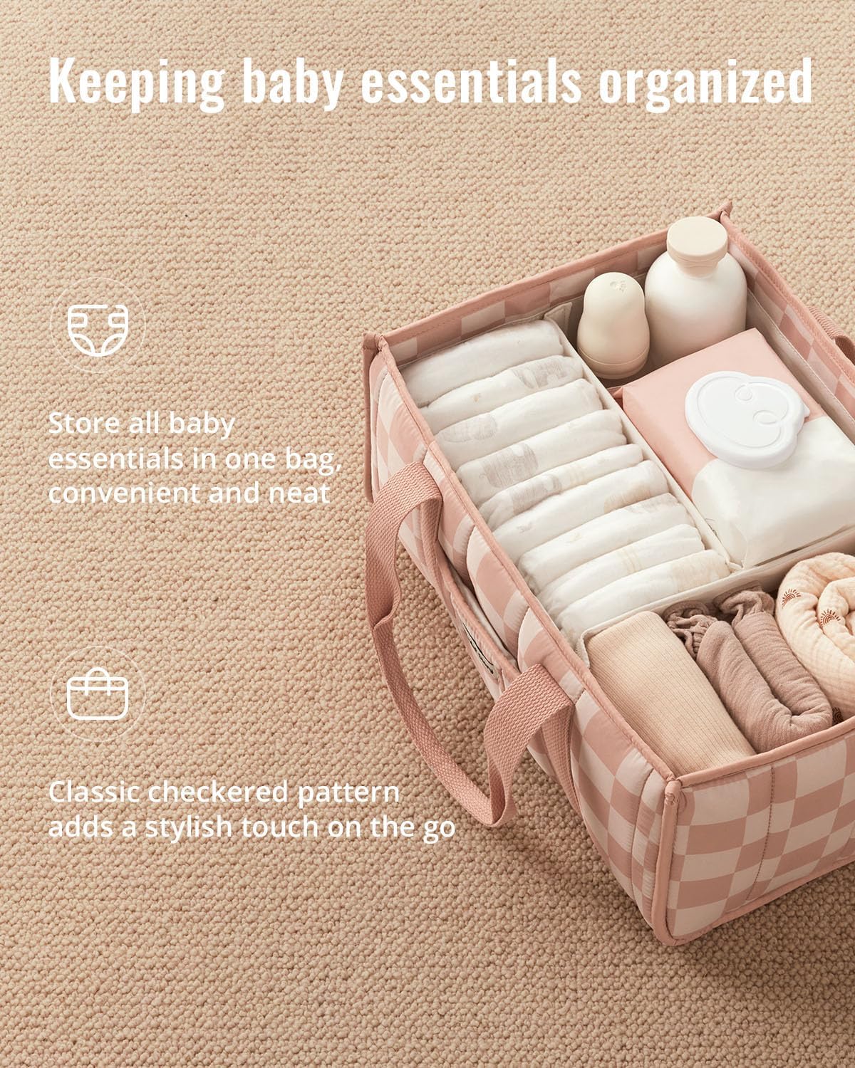 Blissful Diary Checkered Diaper Caddy Organizer, Storage Basket, Pink
