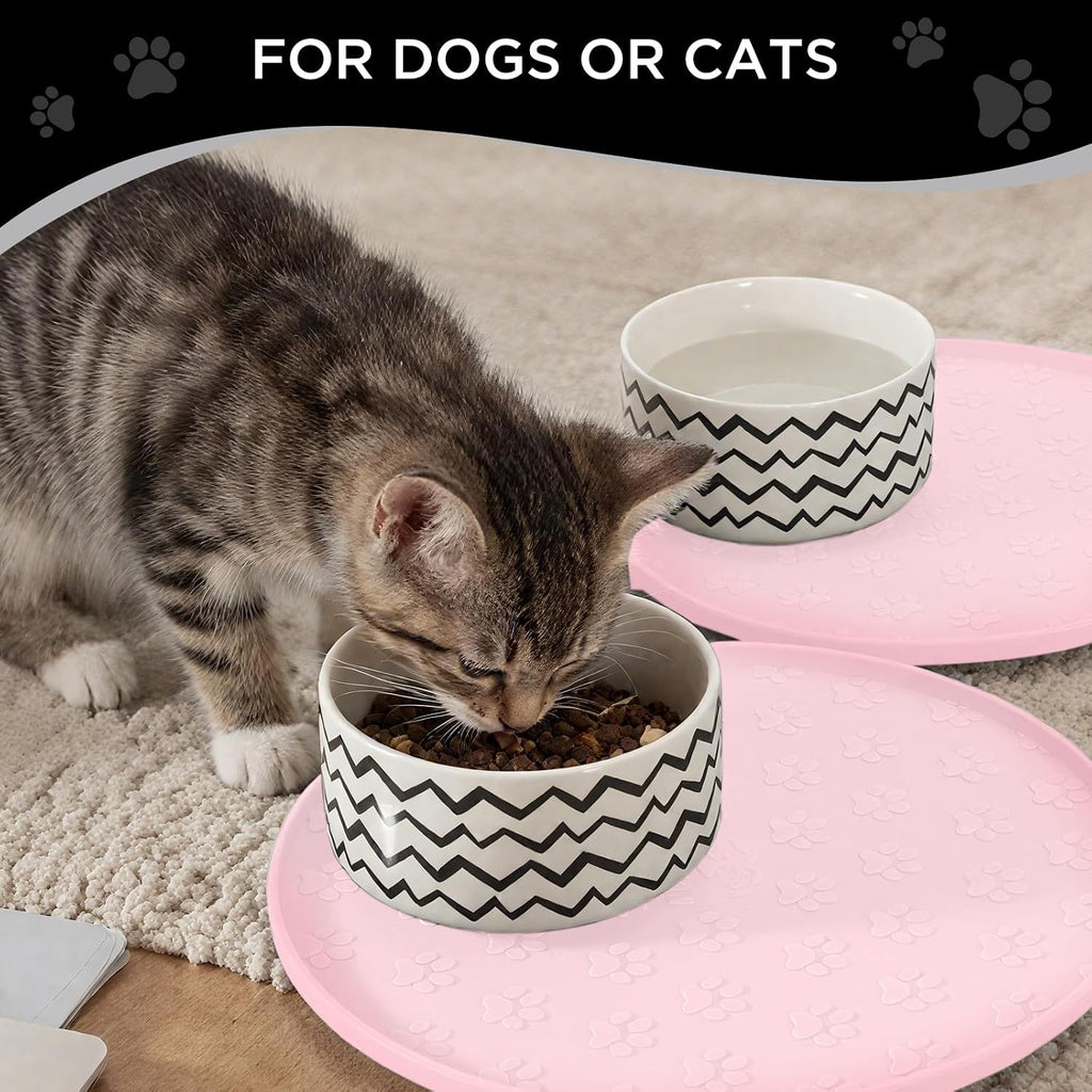 Comtim Waterproof Dog Food Mat - 2 Pack Silicone Pet Food Mat Dog Food Bowl Mats Cat Water Mats Eating Tray, Non-Slip Pet Placemat with Lip for Messy Drinkers to Protect Floor,Pink 11"×11"