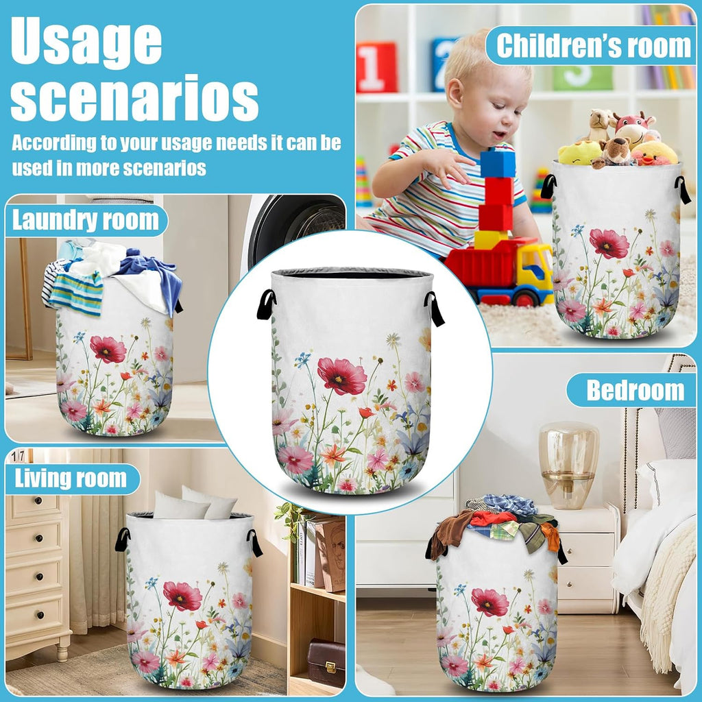 Watercolor Wildflowers Laundry Basket, Floral Laundry Hamper Collapsible Oxford Cloth with Handle Clothes Storage Bin for Bathroom Laundry Room Bedroom 15.7 X 20 Inch