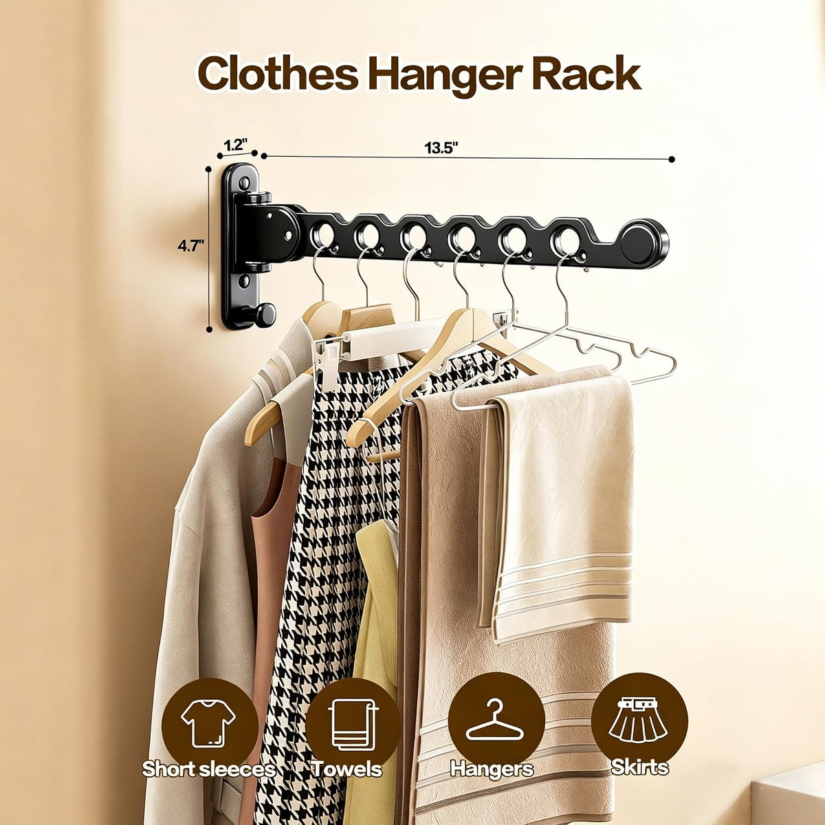 Wall Mounted Clothes Drying Rack, Laundry Clothes Hanger Rack Wall Mounted, Foldable Wall Clothes Rack for Laundry Room, Space Saving Closet Storage Organizer Clothes Hanger Indoor, 2pcs(Black)