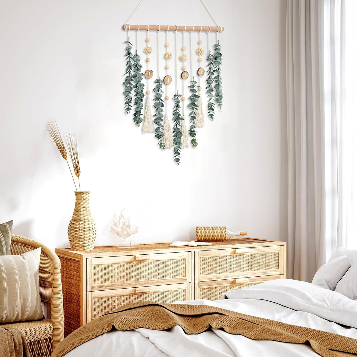 Artificial Eucalyptus Wall Hanging Faux Greenery Decor with Wicker Balls