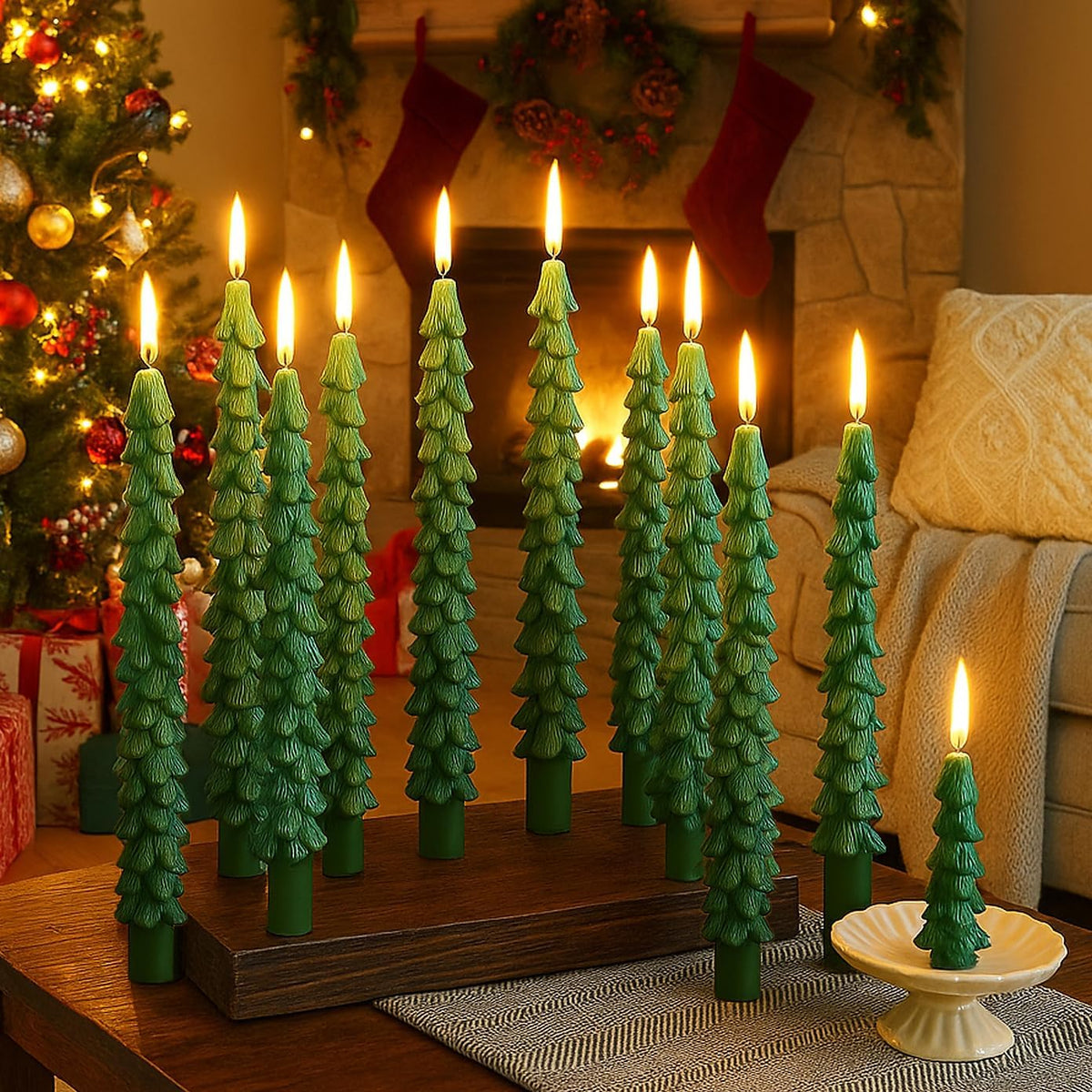 12 PCS Christmas Tree Taper Candles,10 in Unscented Tree Candle Decorative,Perfect for Christmas Table Centerpieces, Mantelpieces, and Window Sill Decorations!