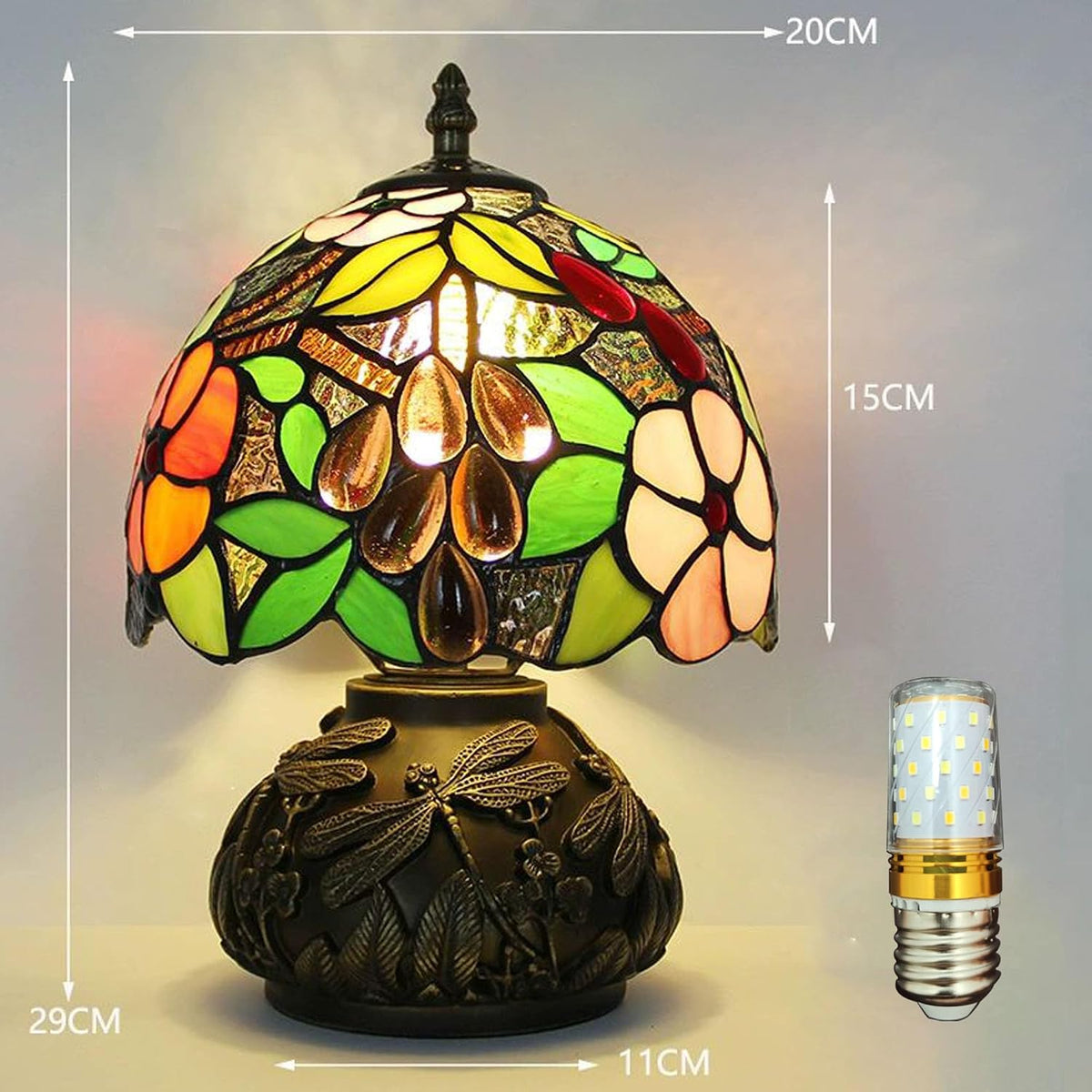 Tiffany Table Lamp 3-Way Stained Glass Style Bedside Reading Lamp Village Bedroom Nightstand Light 12inch Tall Office Home Decor Retro Unique Accent Lamp (Grapes Leaves)