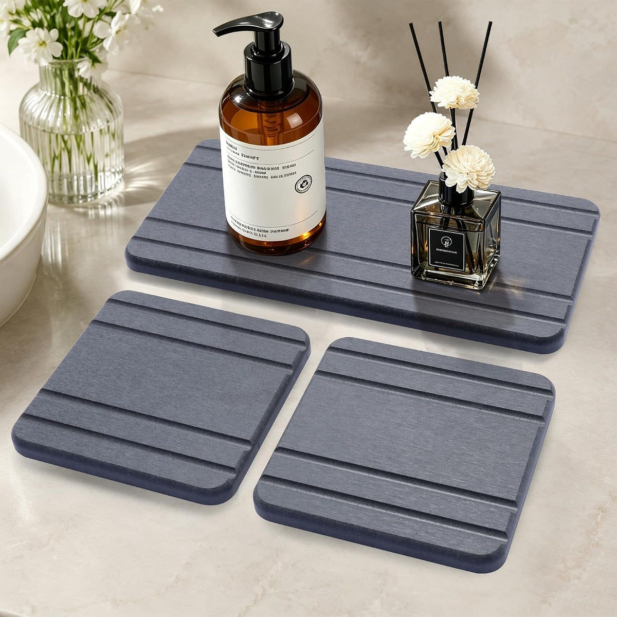 3PCS Diatomite Water Absorbing Stone Tray for Sink, Fast Drying Stone Drying Tray, Faucet Mat for Kitchen Sink and Counter, Bathroom Trays, Holders & Vanity Organizers, Bar Coasters